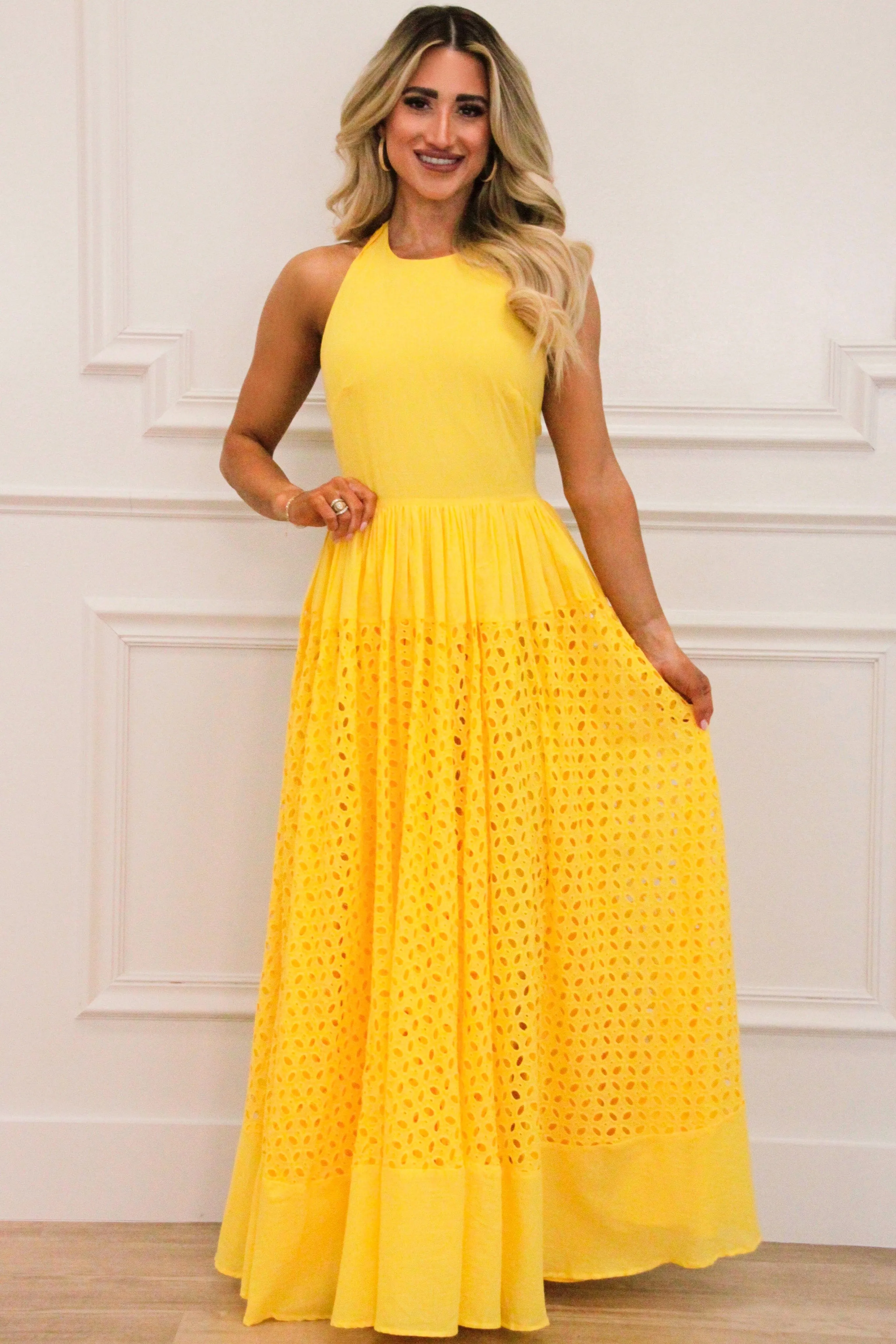 Lennon Eyelet Halter Maxi Dress: Yellow