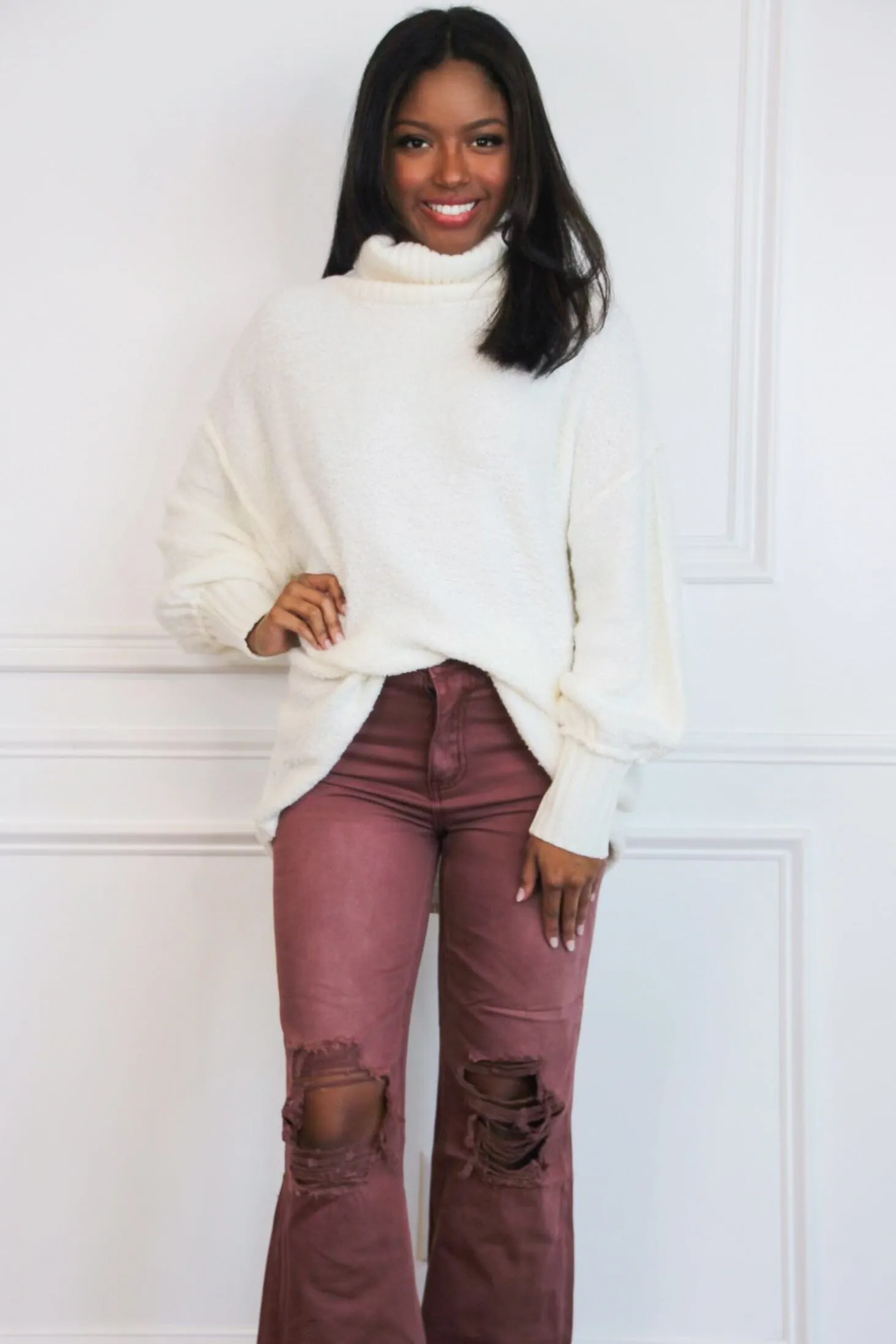 Leslie Distressed Straight High Waisted Crop Flare Denim: Russet Brown