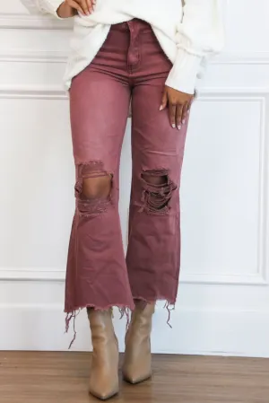 Leslie Distressed Straight High Waisted Crop Flare Denim: Russet Brown
