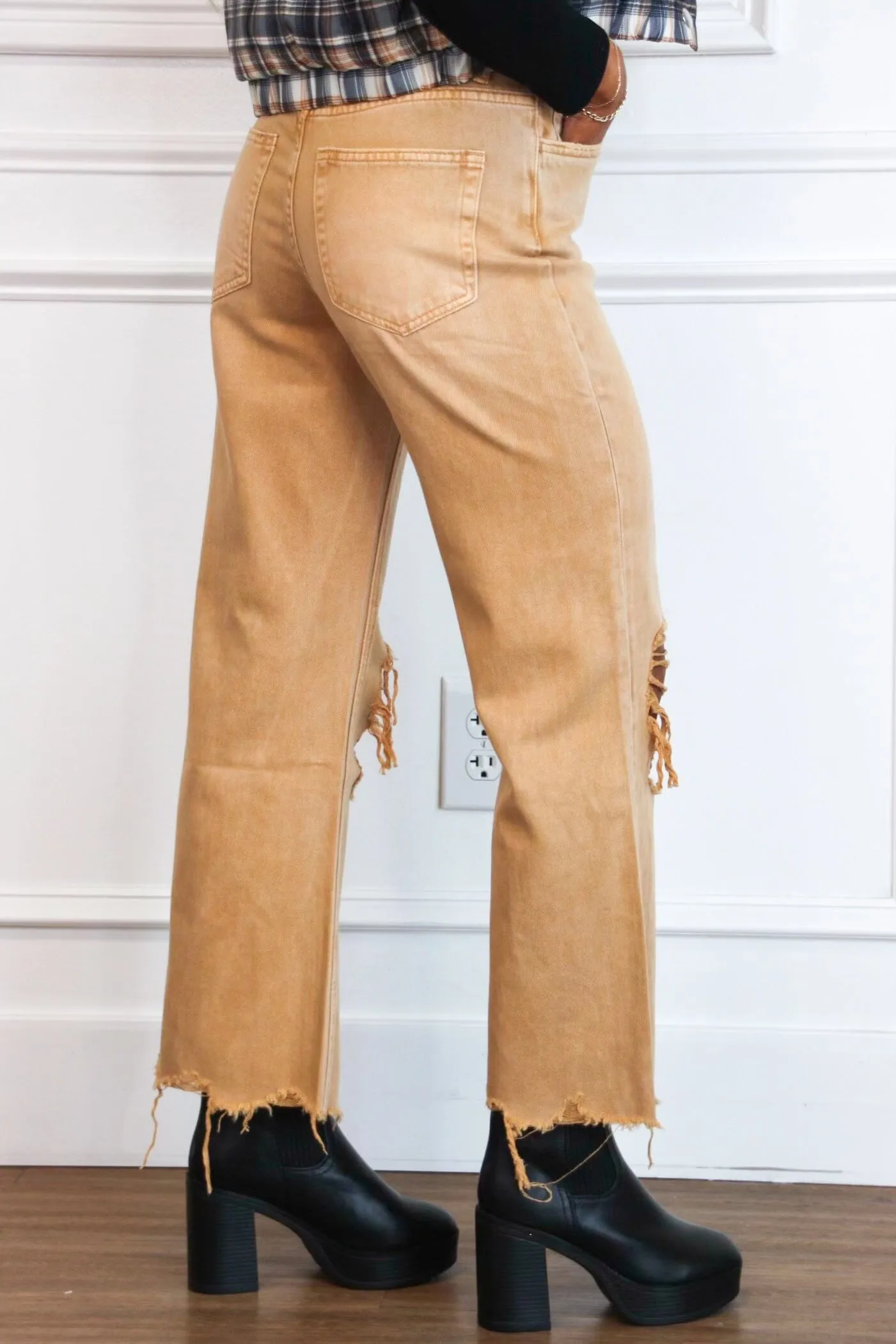 Leslie Distressed Straight High Waisted Crop Flare Denim: Tan