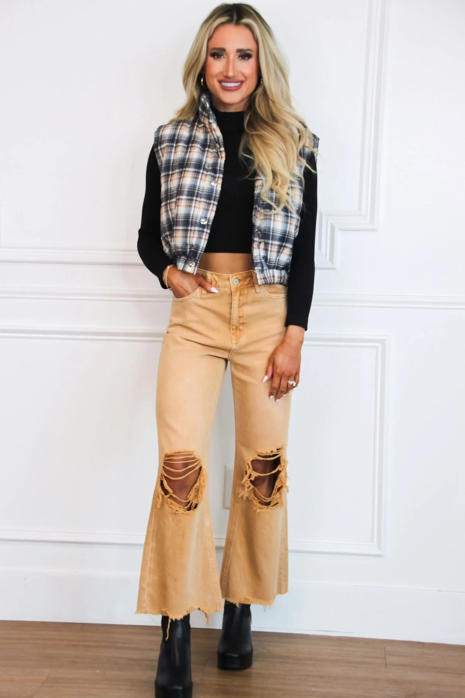Leslie Distressed Straight High Waisted Crop Flare Denim: Tan