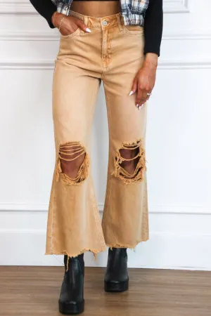 Leslie Distressed Straight High Waisted Crop Flare Denim: Tan