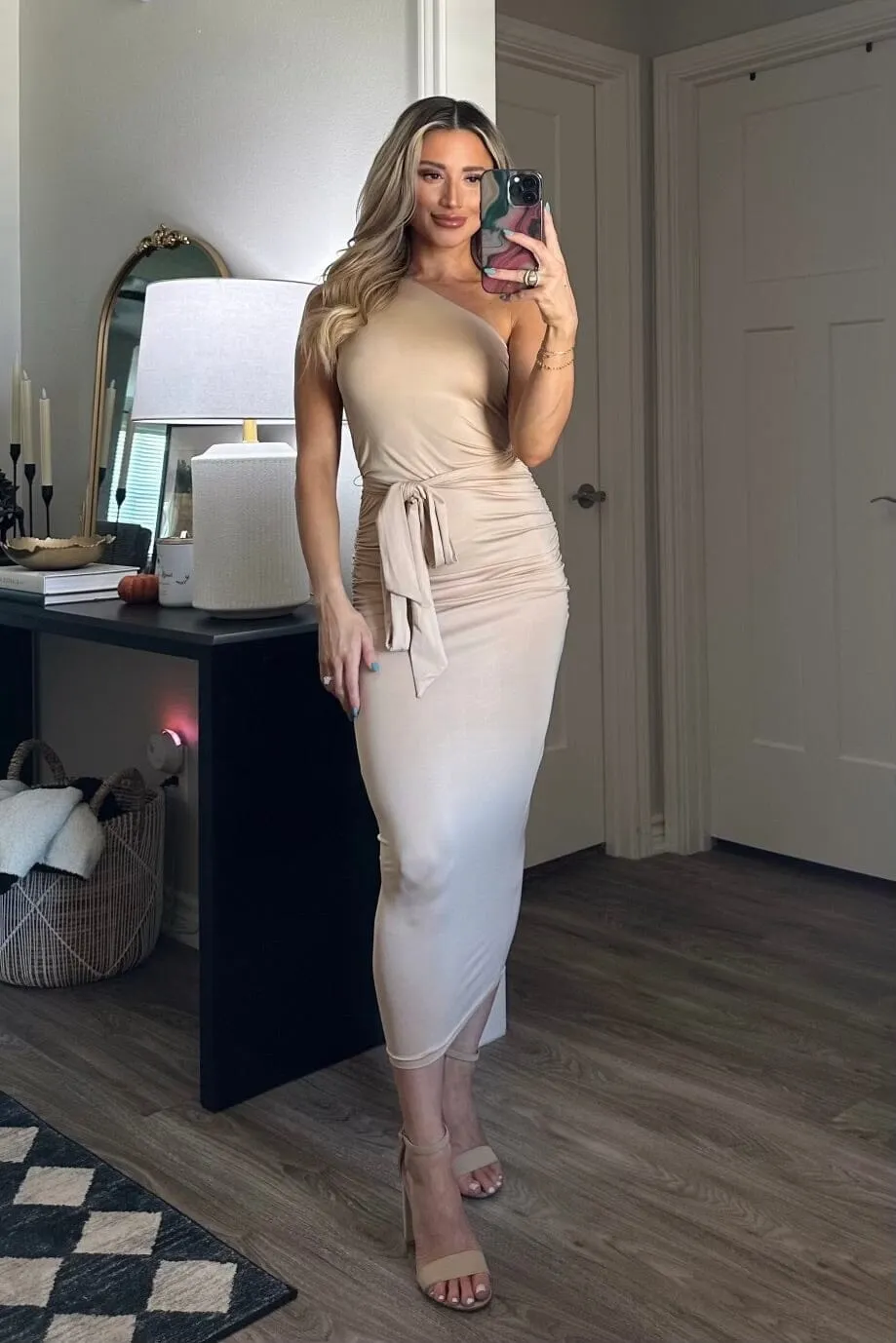 Let You Go One Shoulder Midi Dress: Taupe