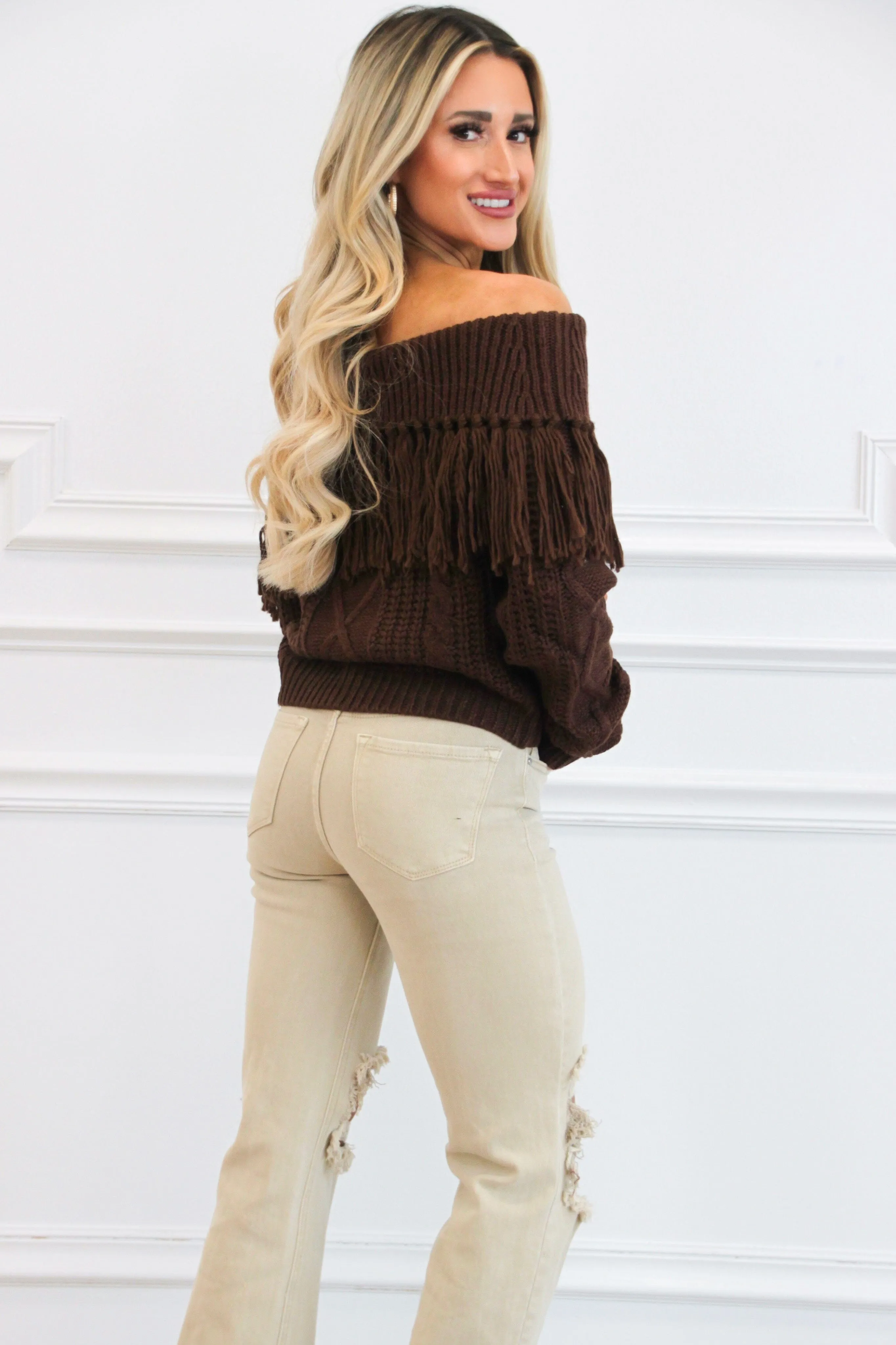 Let's Get Lost Off Shoulder Fringe Sweater: Brown