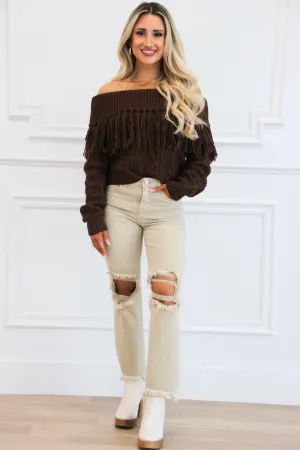 Let's Get Lost Off Shoulder Fringe Sweater: Brown