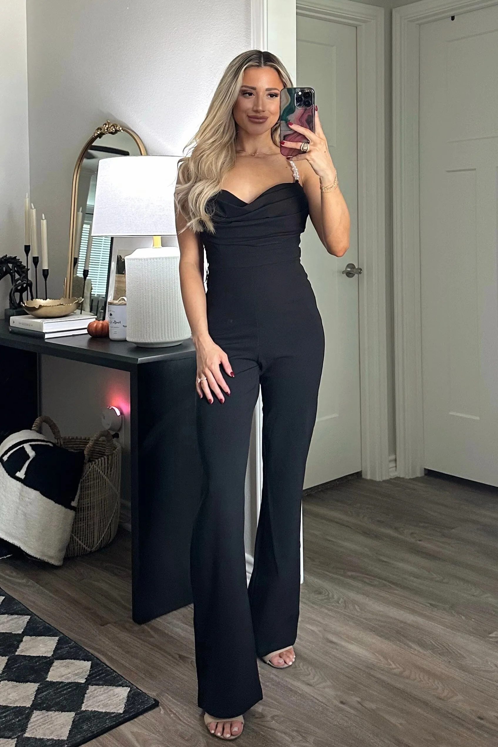 Leva Pearl Strap Jumpsuit: Black
