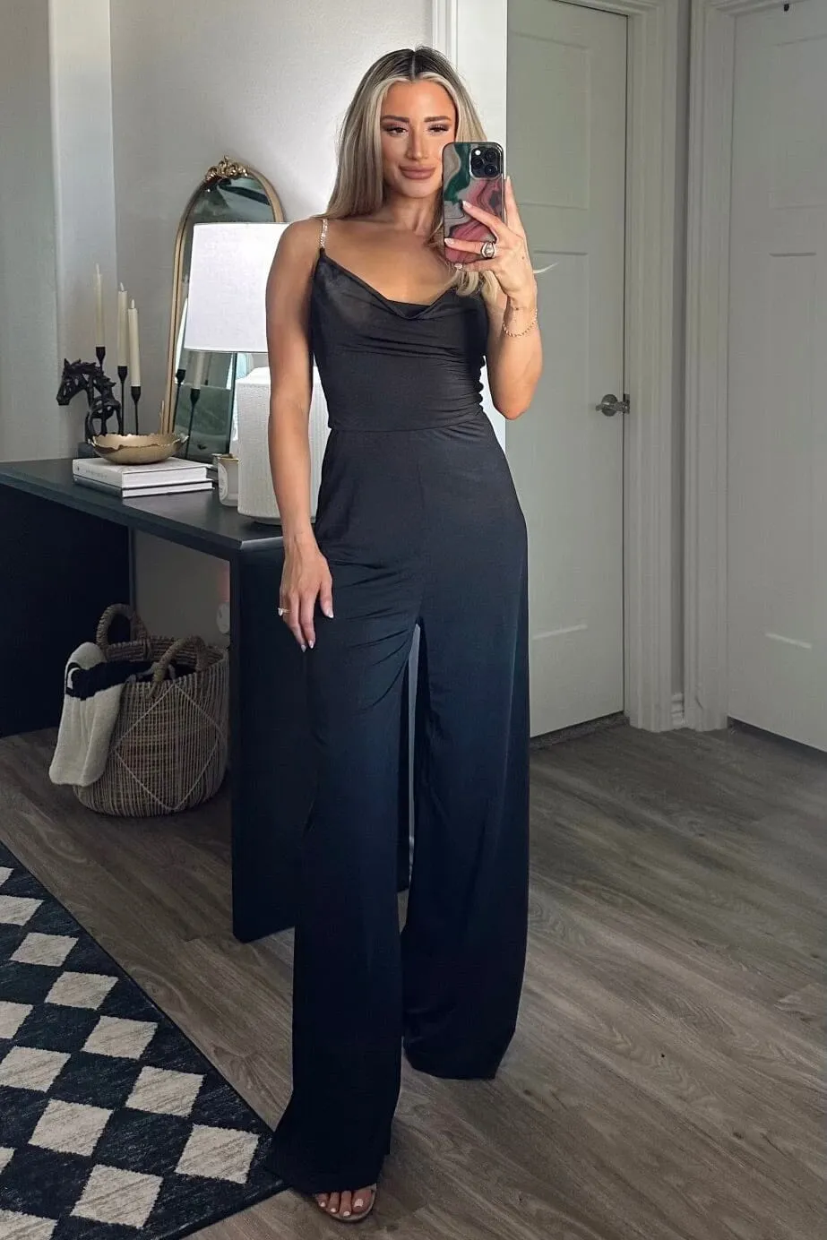 Lewis Embellished Strap Cowl Neck Jumpsuit: Black