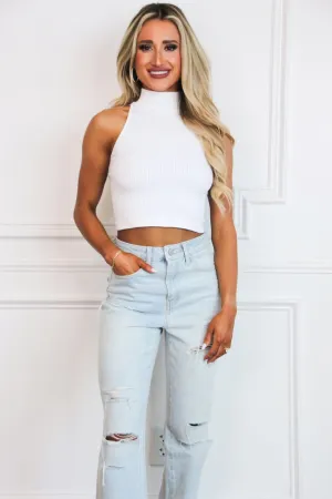 Liam High Neck Thick Ribbed Crop Top: White