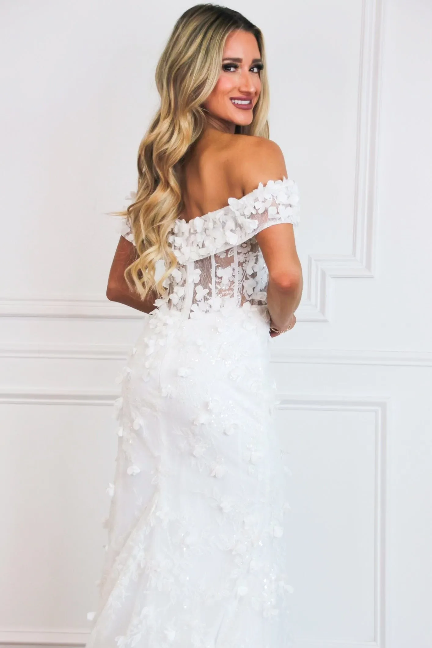 Liliana Floral Applique Formal Dress: White