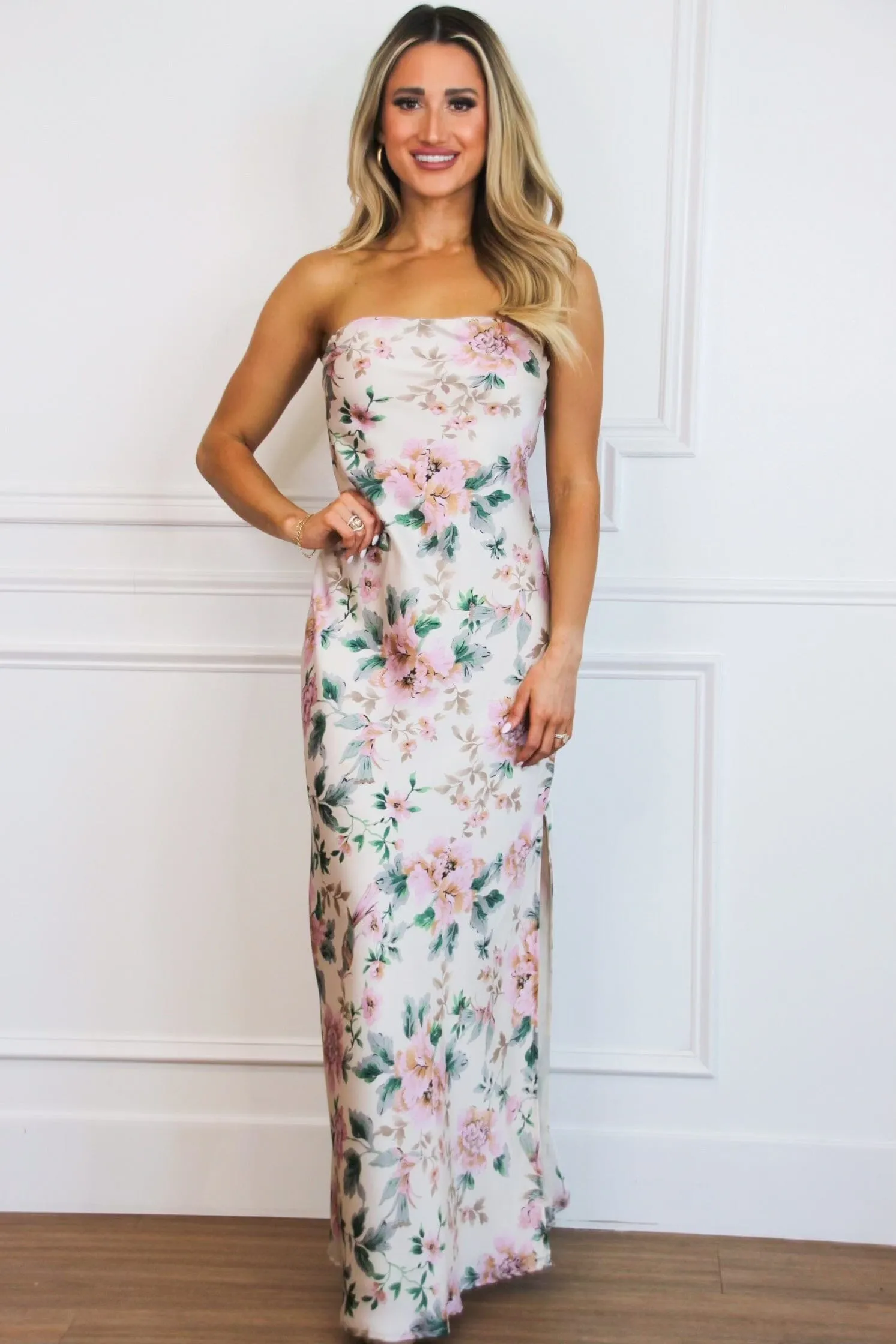 Locklin Strapless Satin Floral Maxi Dress: Pale Pink