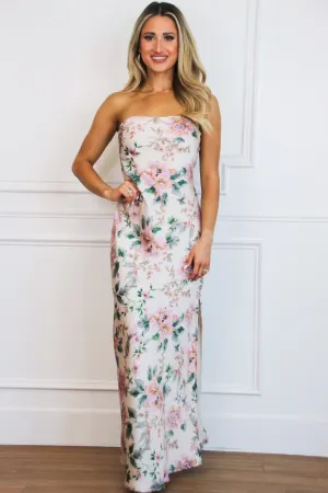 Locklin Strapless Satin Floral Maxi Dress: Pale Pink