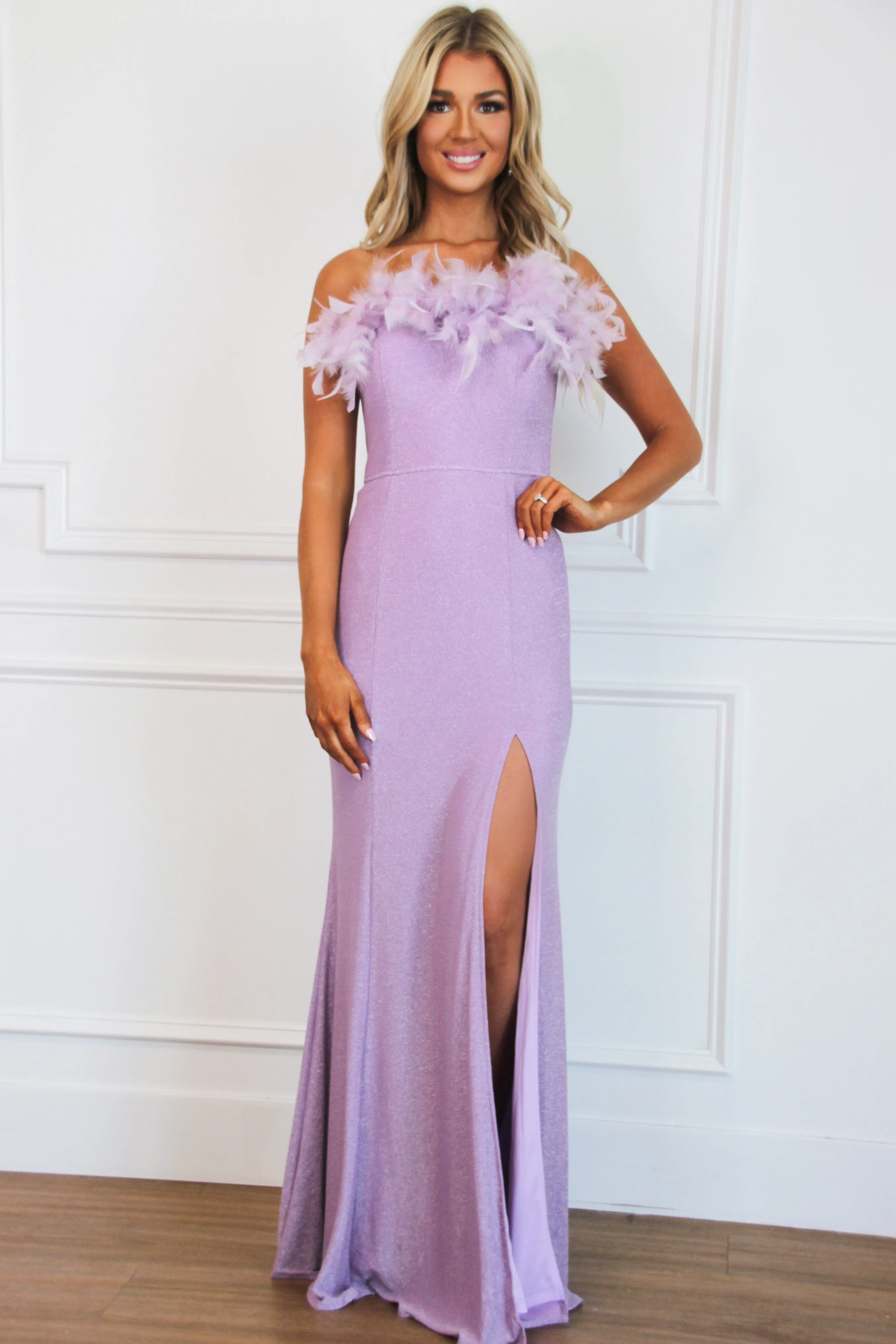 Look My Way Sparkly Feather Maxi Dress: Lavender