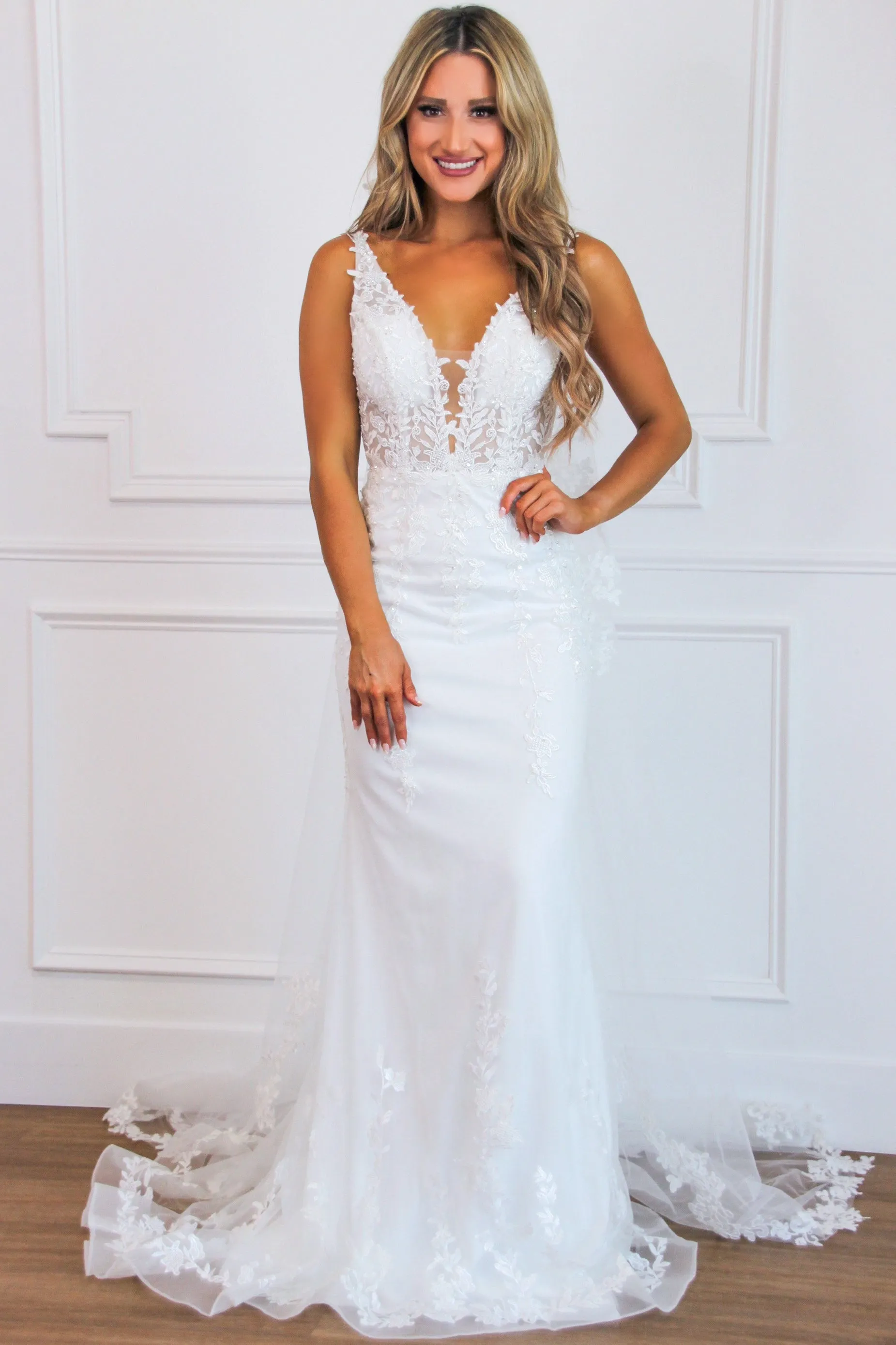 Love of a Lifetime Lace Nude Illusion Wedding Dress: White