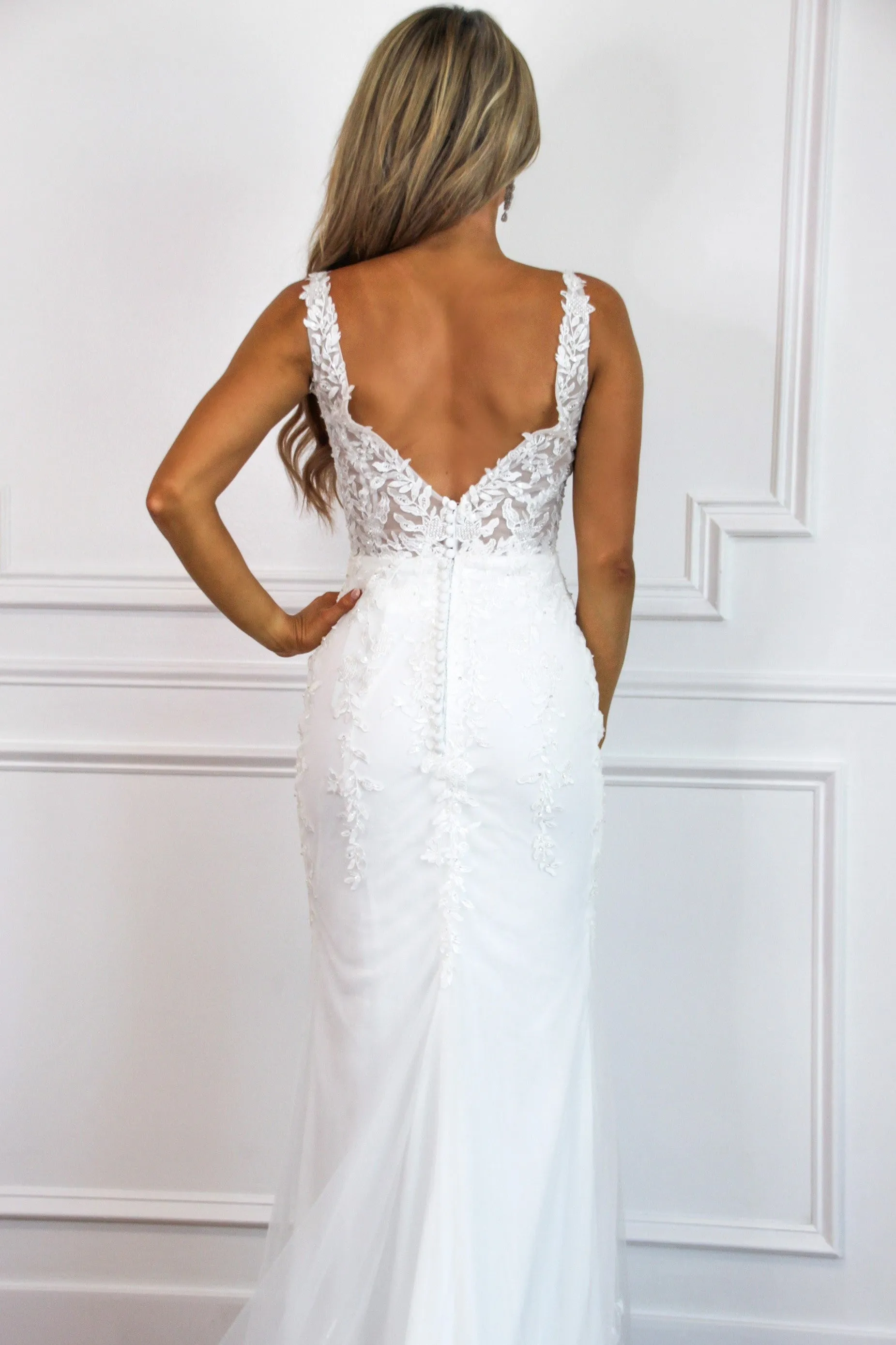 Love of a Lifetime Lace Nude Illusion Wedding Dress: White