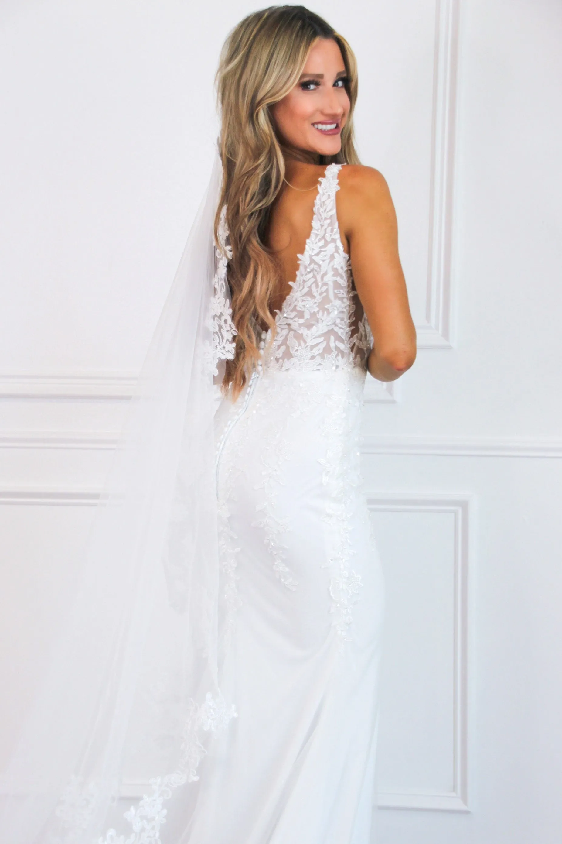 Love of a Lifetime Lace Nude Illusion Wedding Dress: White