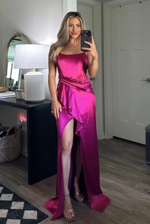 Lover Satin Ruffle Maxi Dress: Magenta