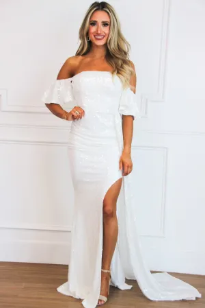 Lyla Off Shoulder Sequin Maxi Dress: White