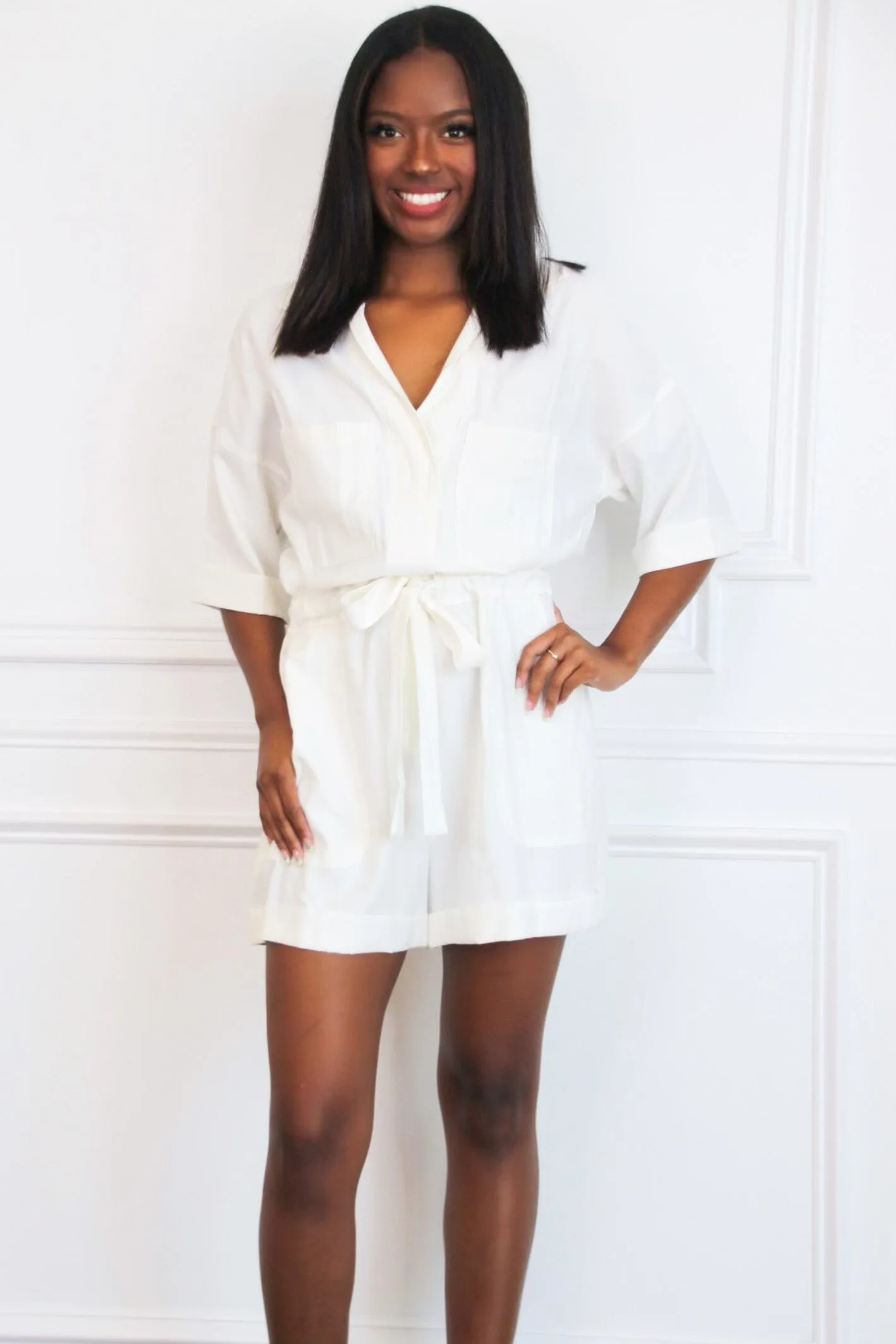 Maegan Utility Romper: White