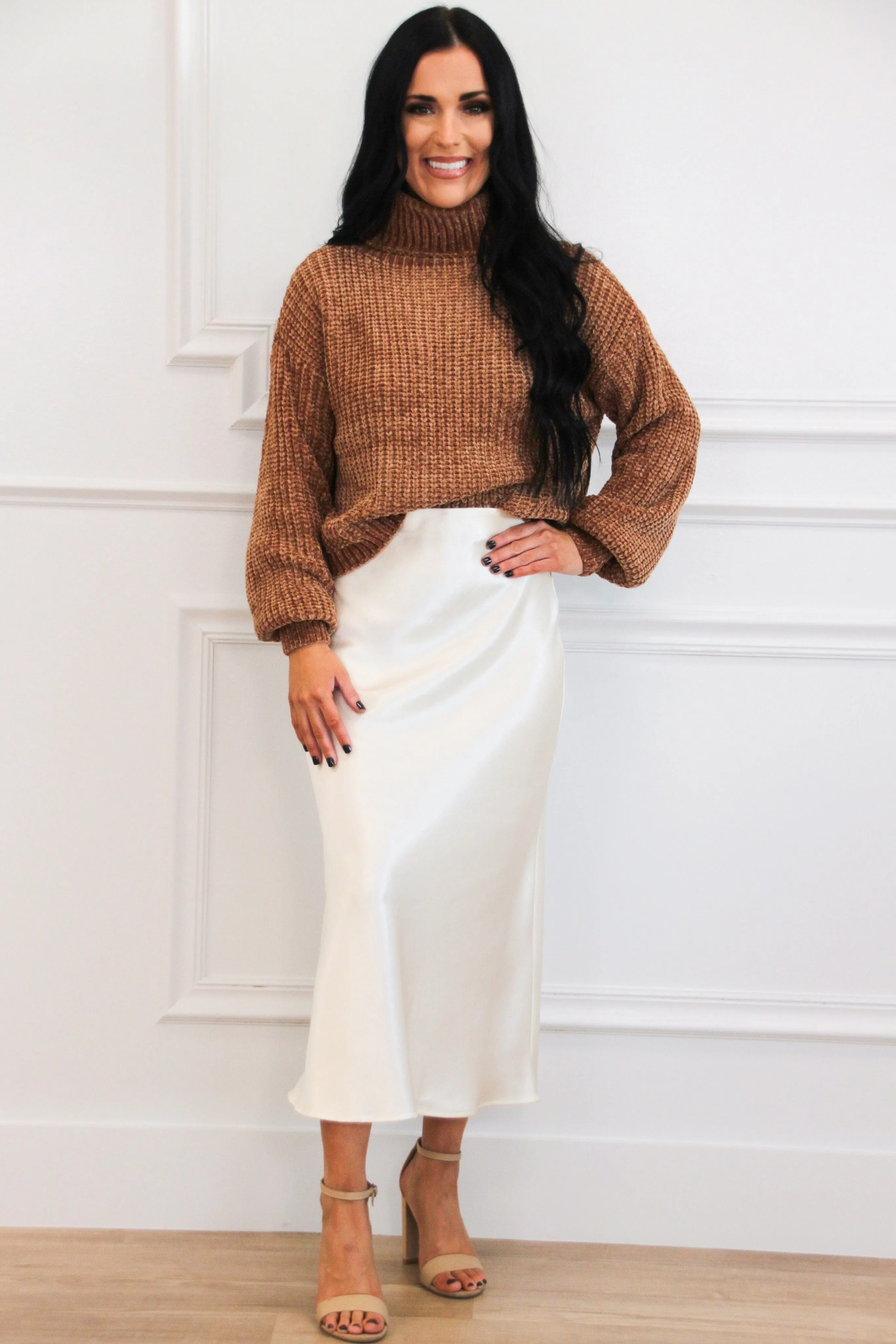 Maizie Satin Midi Skirt: Cream
