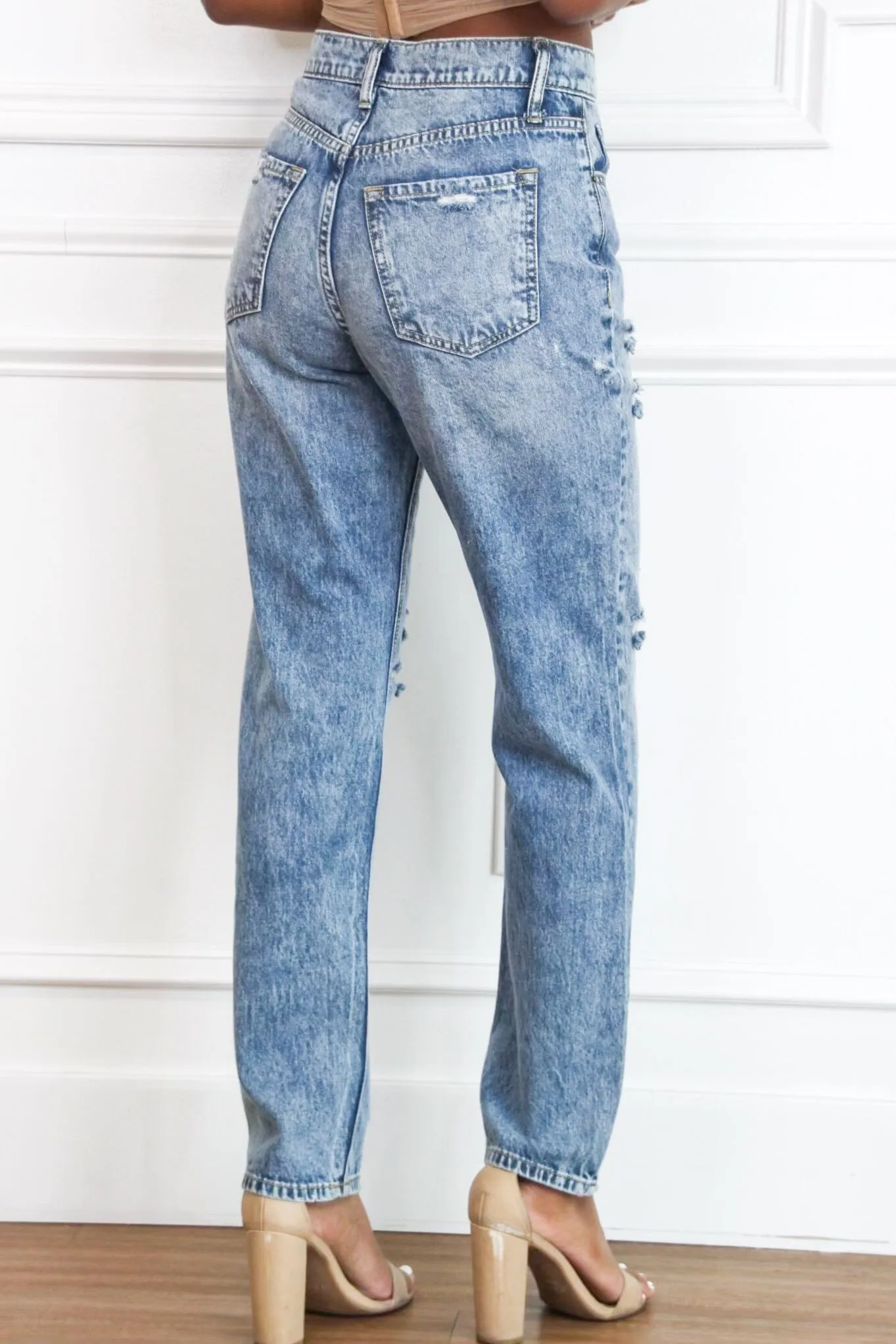 Mallory Distressed Straight Denim: Medium Wash