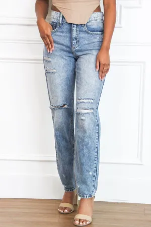 Mallory Distressed Straight Denim: Medium Wash