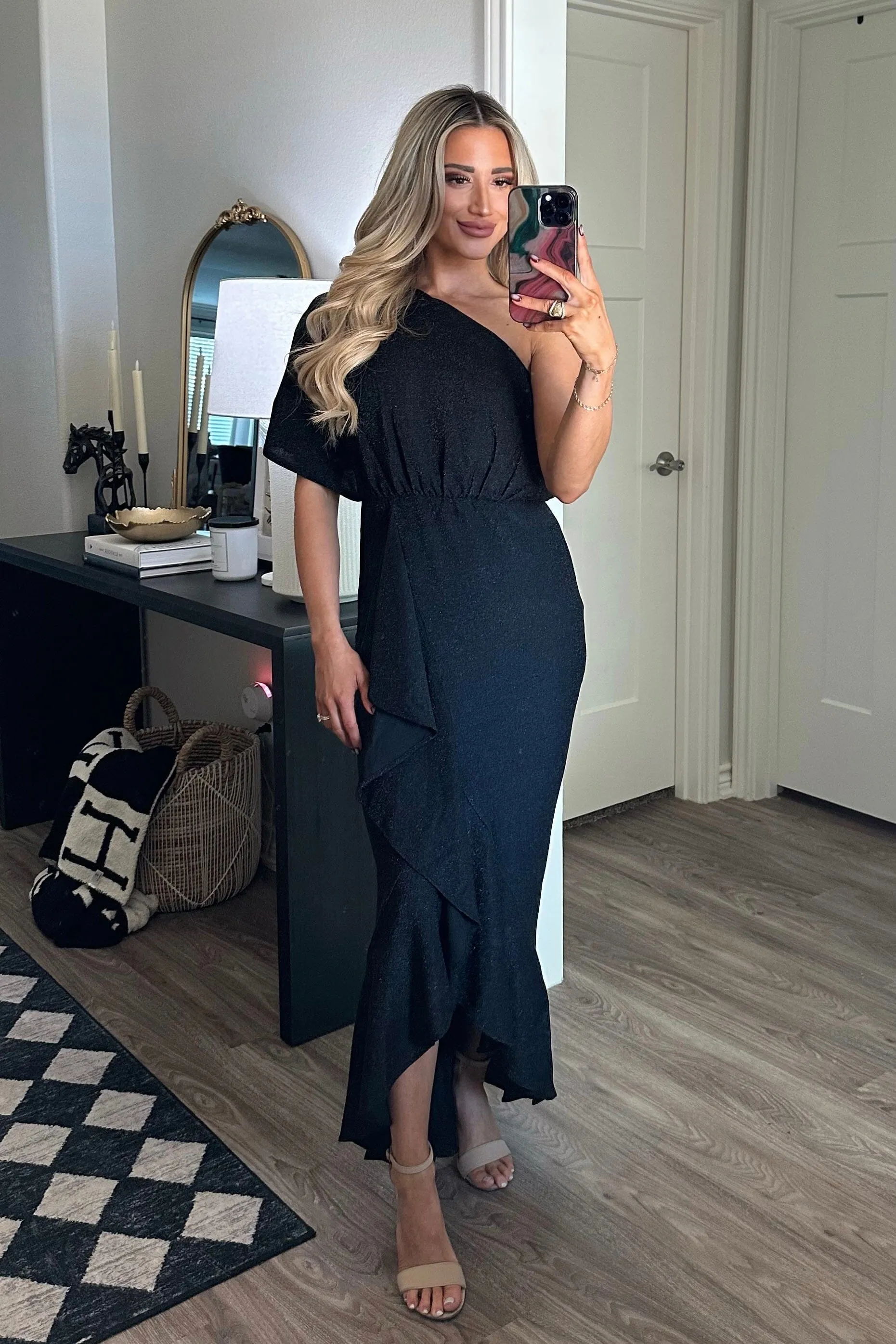 Mariah Sparkly Ruffle One Shoulder Midi Dress: Black
