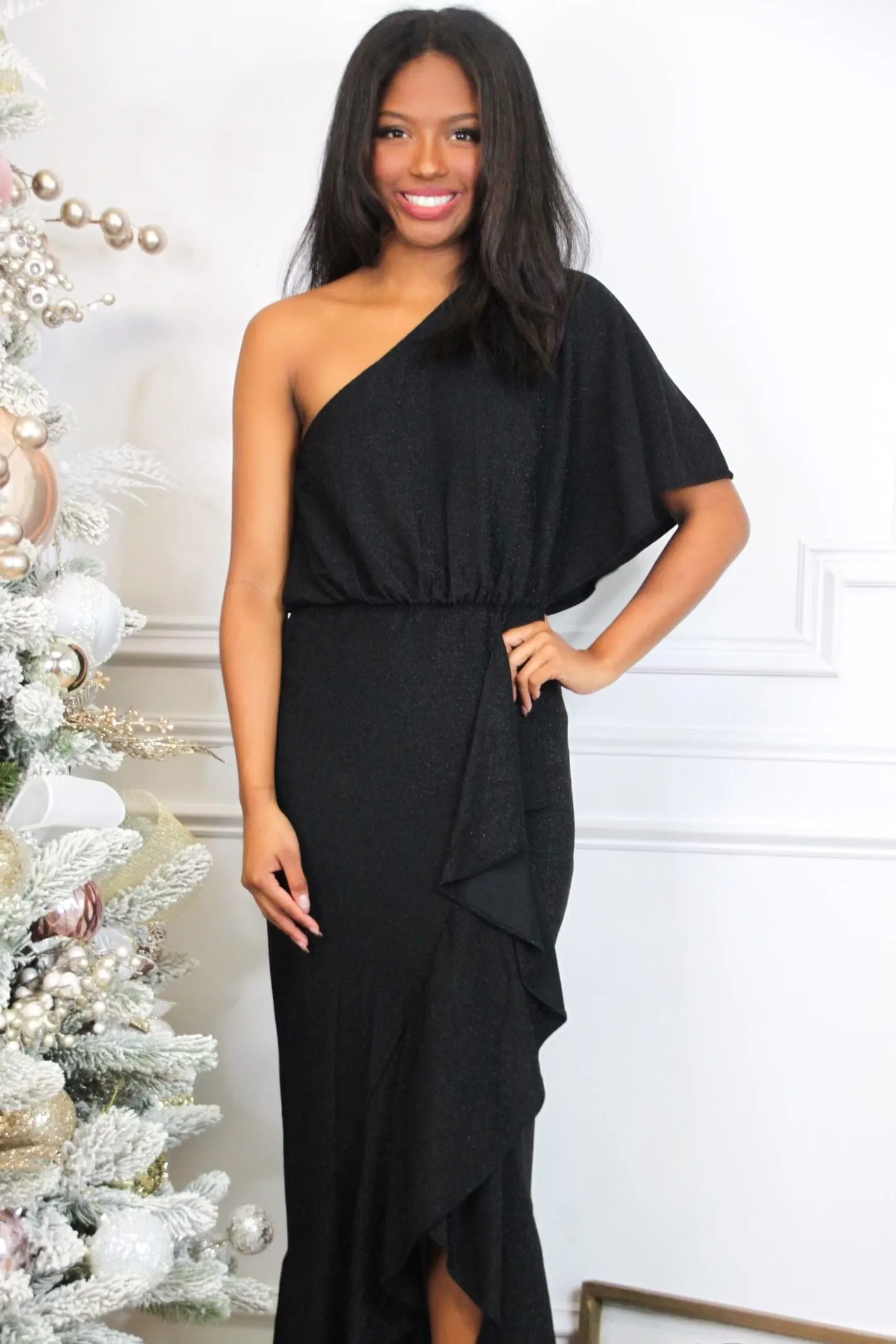 Mariah Sparkly Ruffle One Shoulder Midi Dress: Black