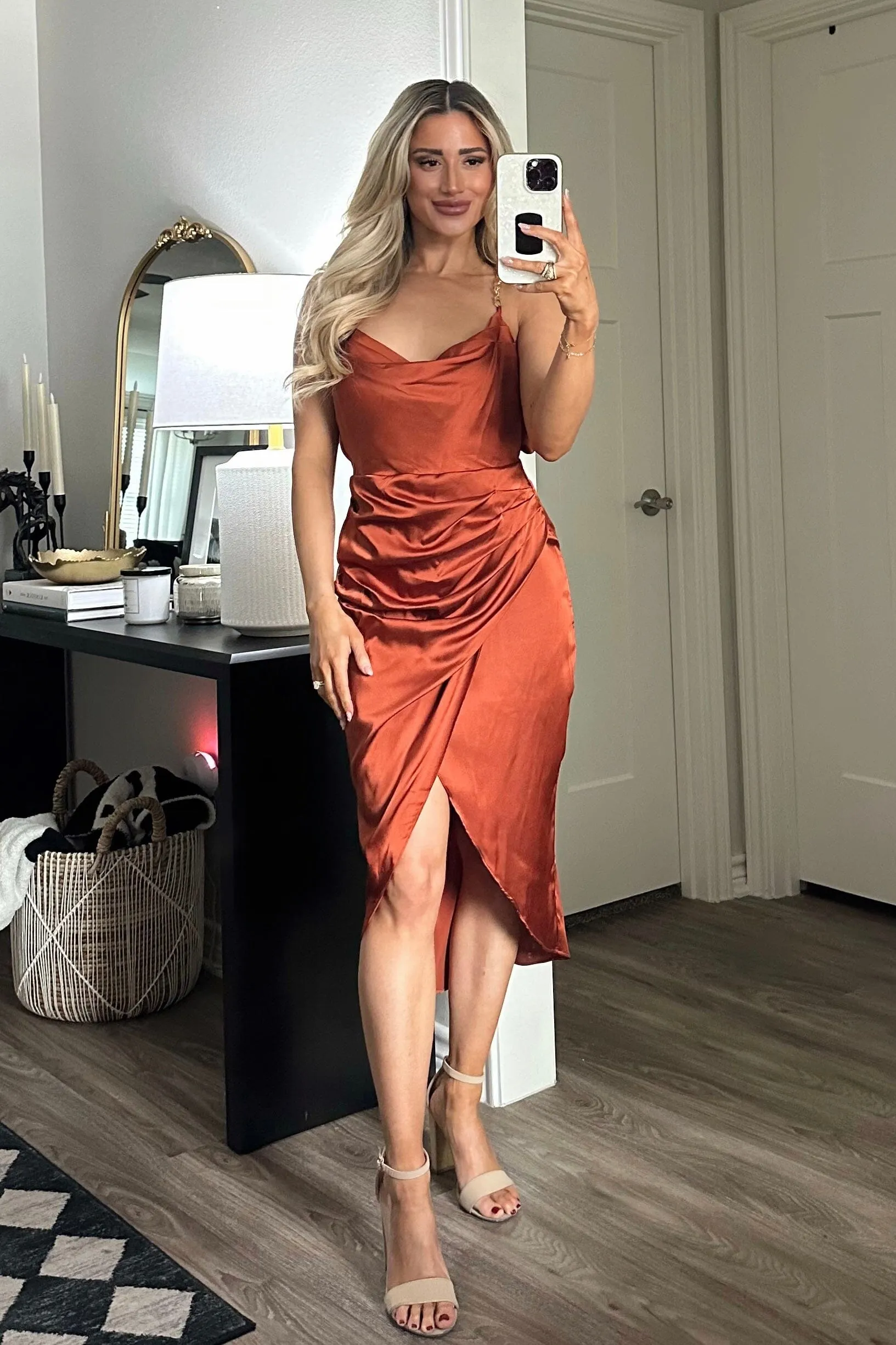 Marina Satin Chain Strap Midi Dress: Rust