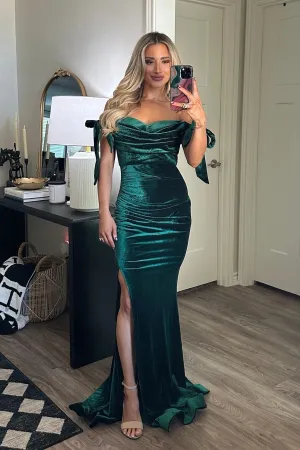 Marley Velvet Off Shoulder Bow Maxi Dress: Emerald