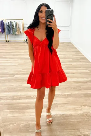 Mary Babydoll Ruffle Dress: Tomato Red
