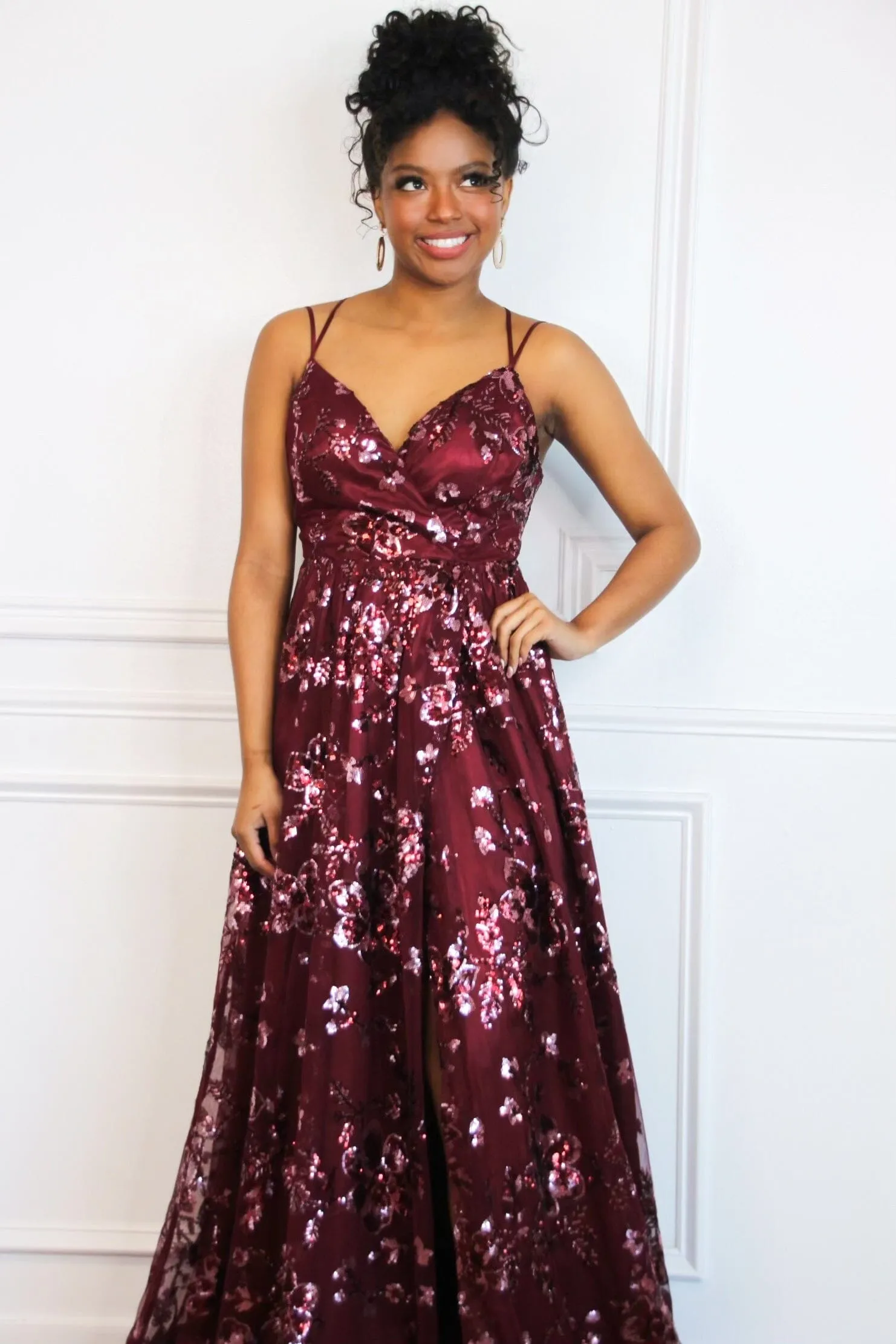 Maya Sequin Open Back Maxi Dress: Burgundy
