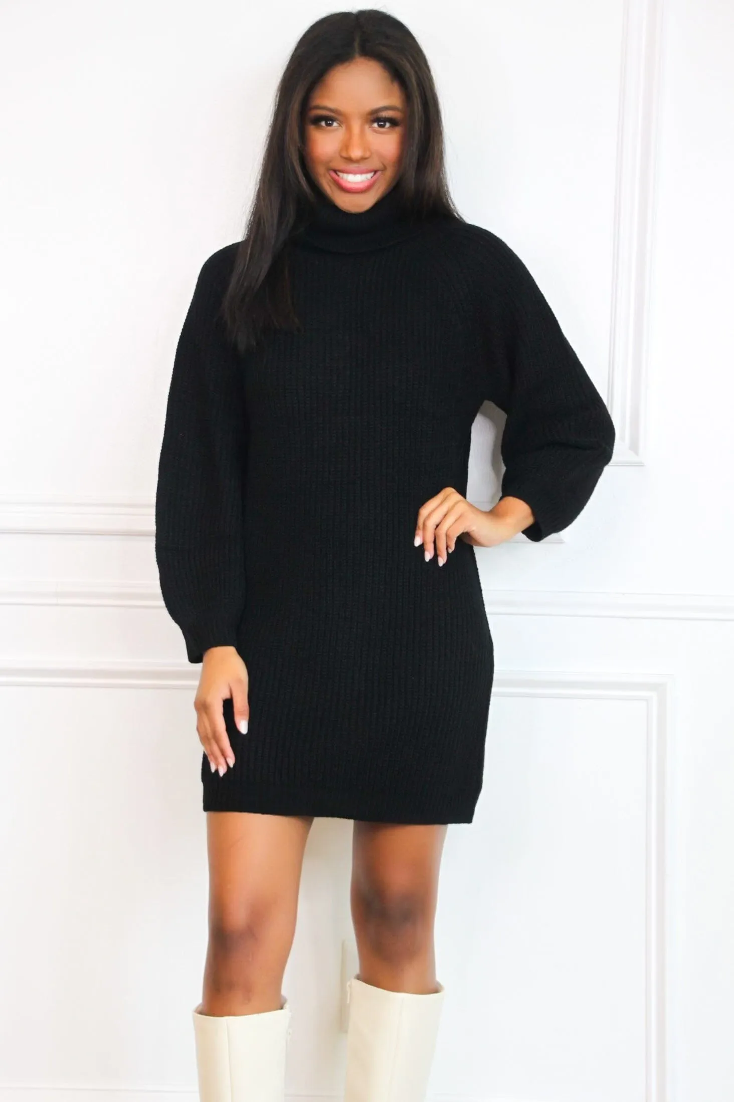 Mayci Turtleneck Sweater Dress: Black