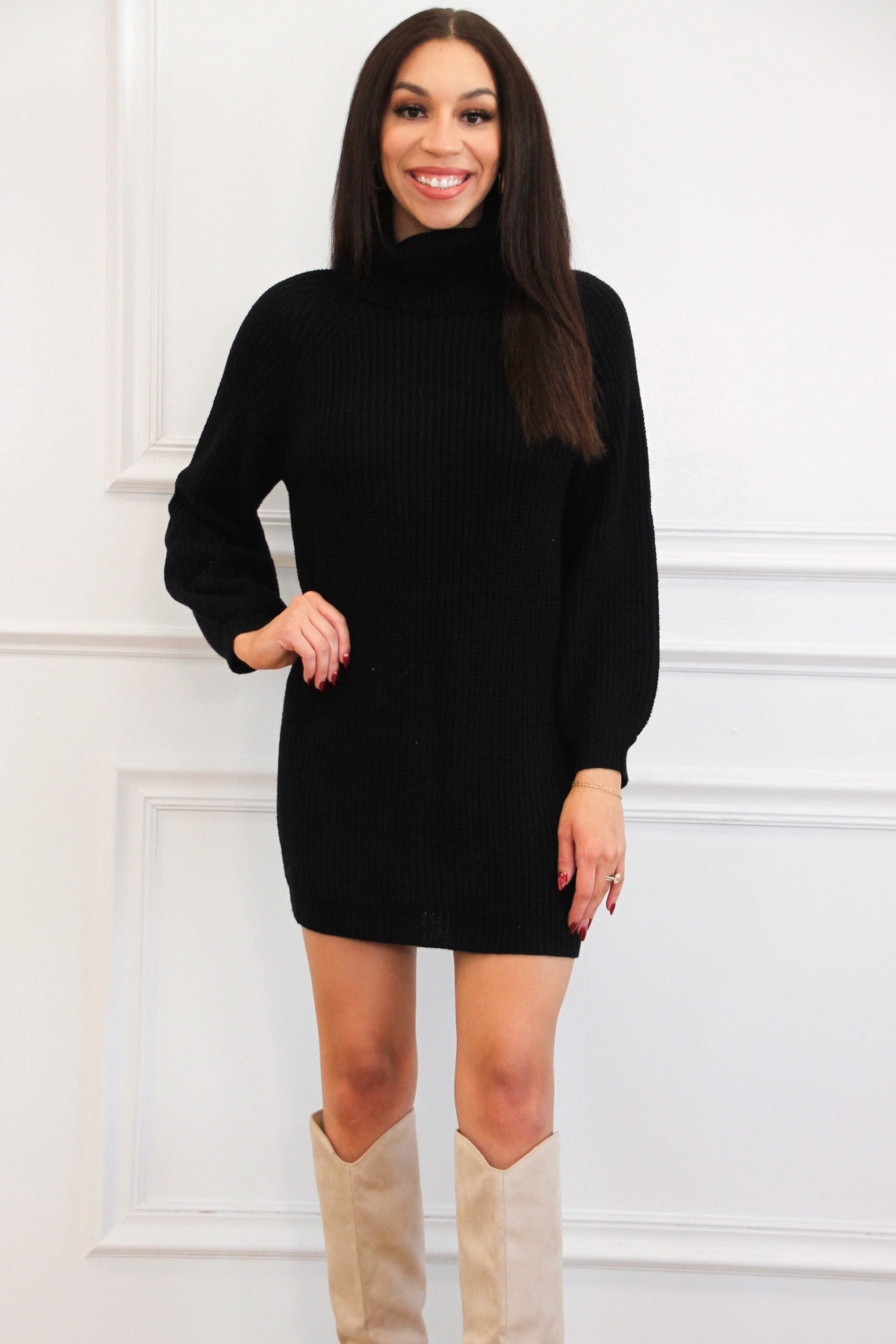 Mayci Turtleneck Sweater Dress: Black