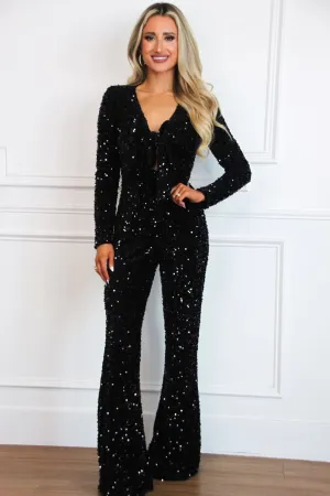 Meet Me There Sequin Tie Jumpsuit: Black