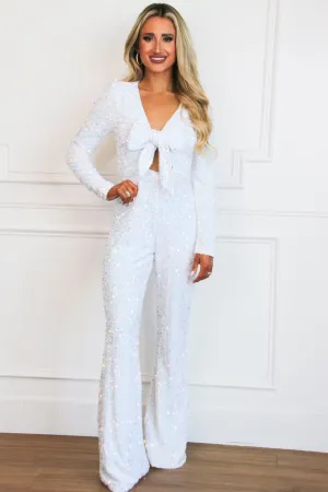 Meet Me There Sequin Tie Jumpsuit: Opal Iridescent