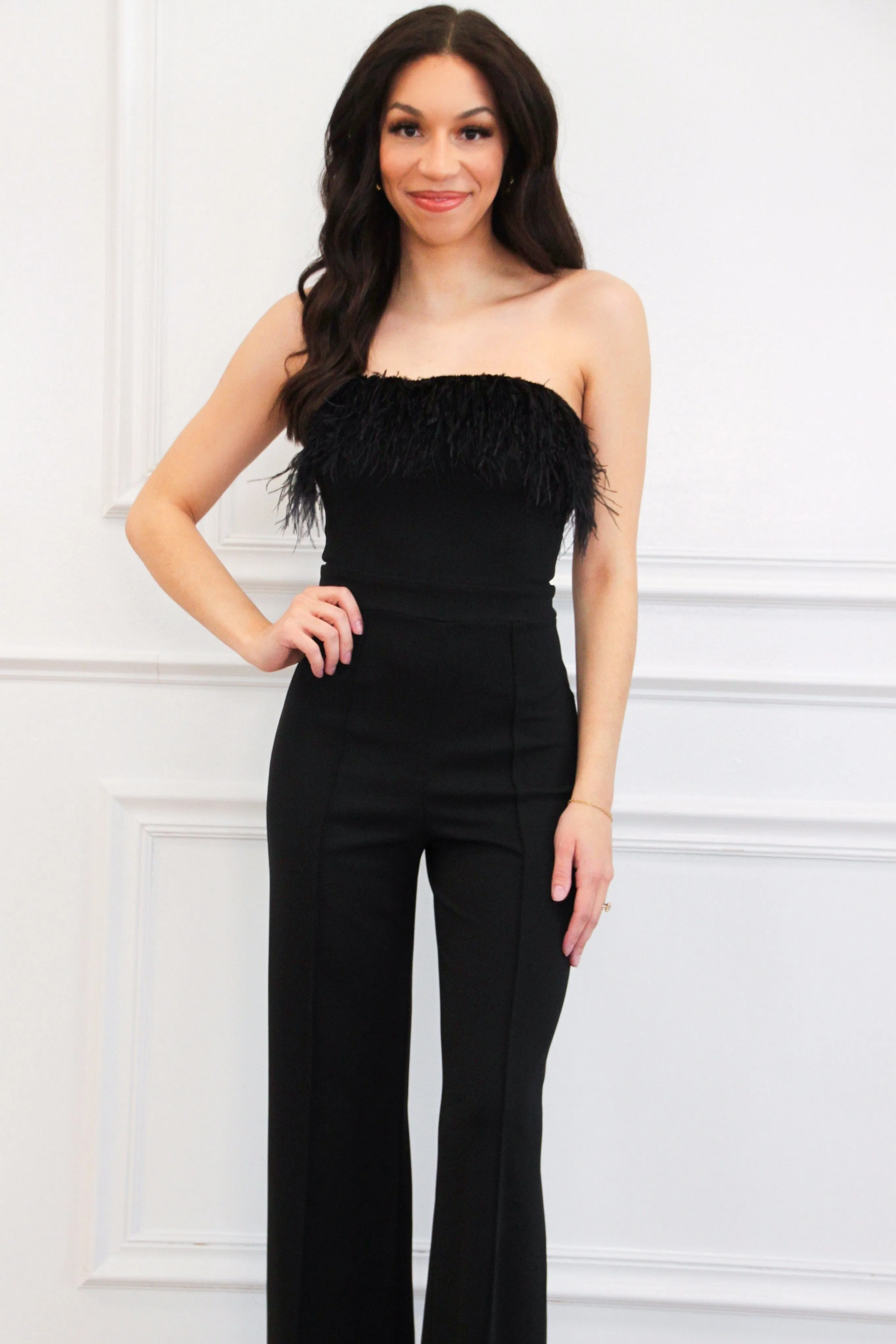 Memory Lane Feather Jumpsuit: Black