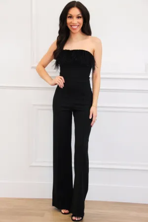 Memory Lane Feather Jumpsuit: Black