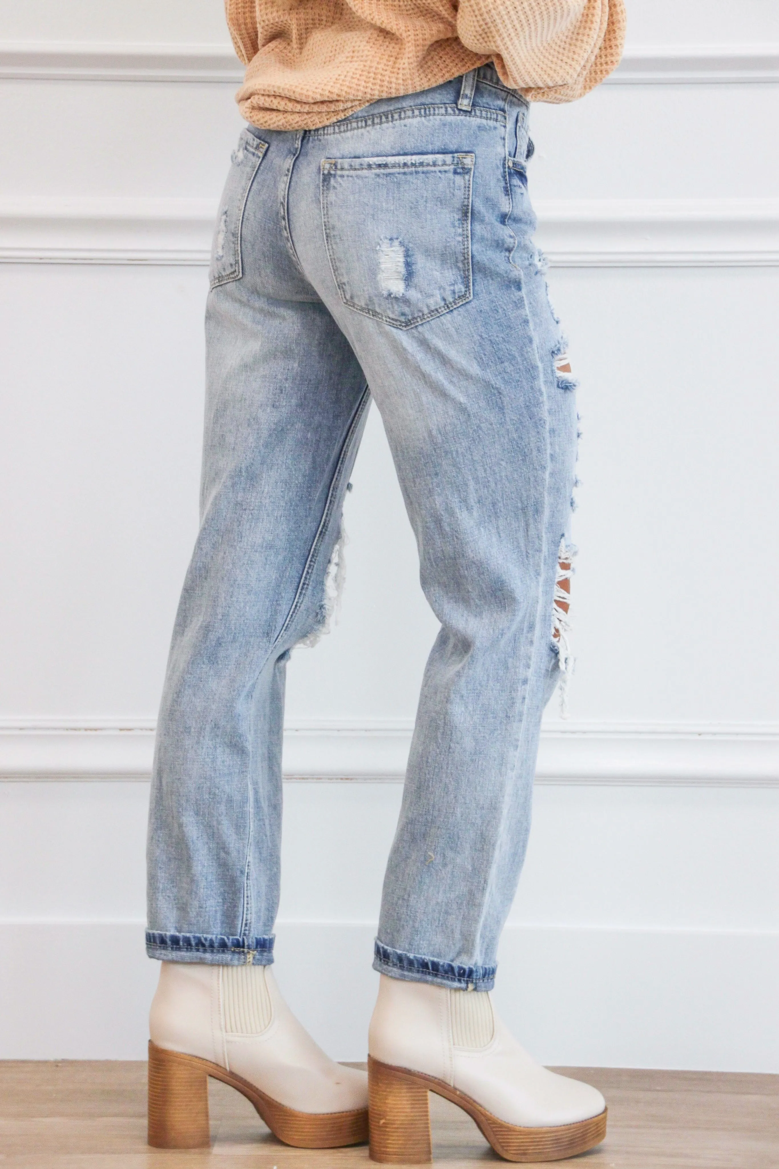 Milo High Rise Distressed Boyfriend Denim: Light Wash