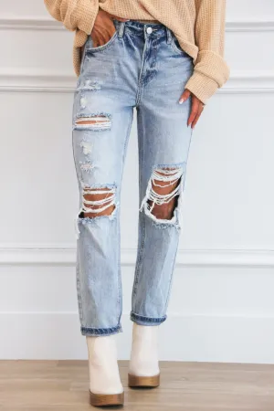 Milo High Rise Distressed Boyfriend Denim: Light Wash