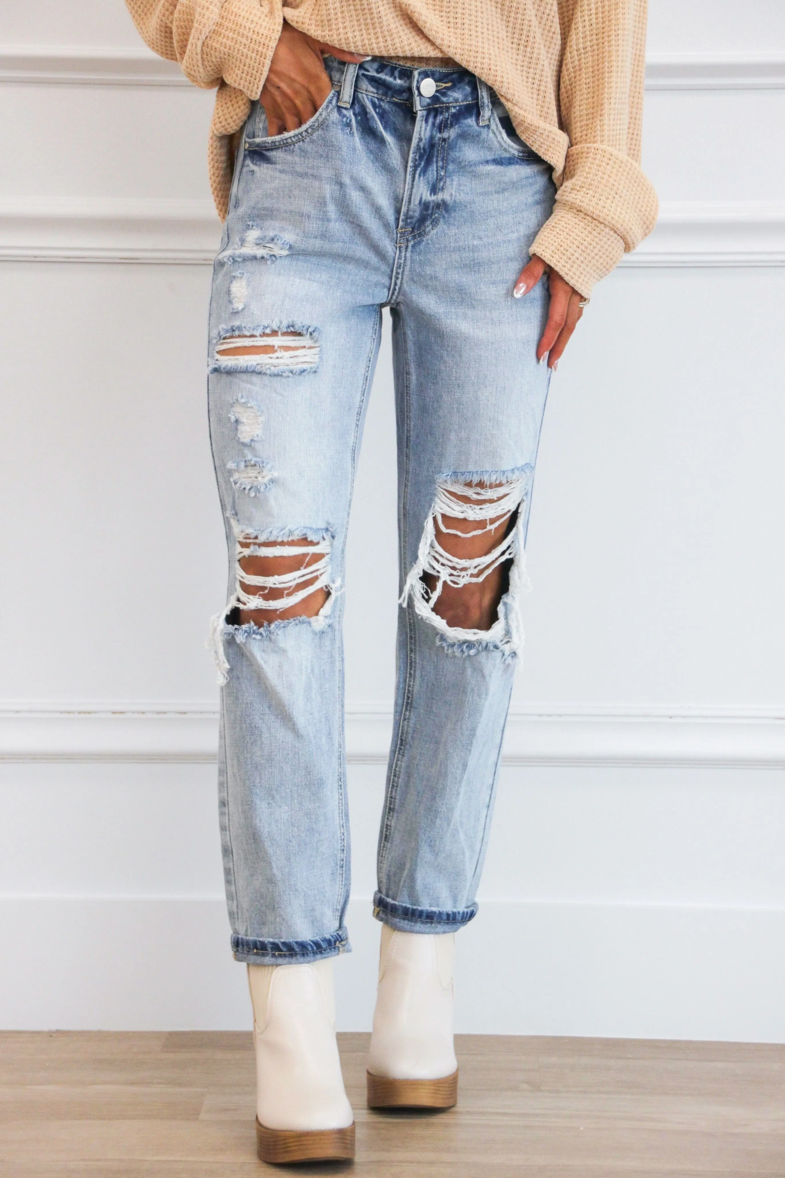 Milo High Rise Distressed Boyfriend Denim: Light Wash