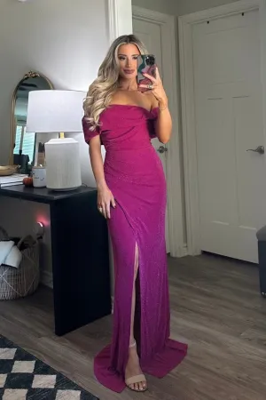Mindy Off Shoulder Sparkly Maxi Dress: Magenta
