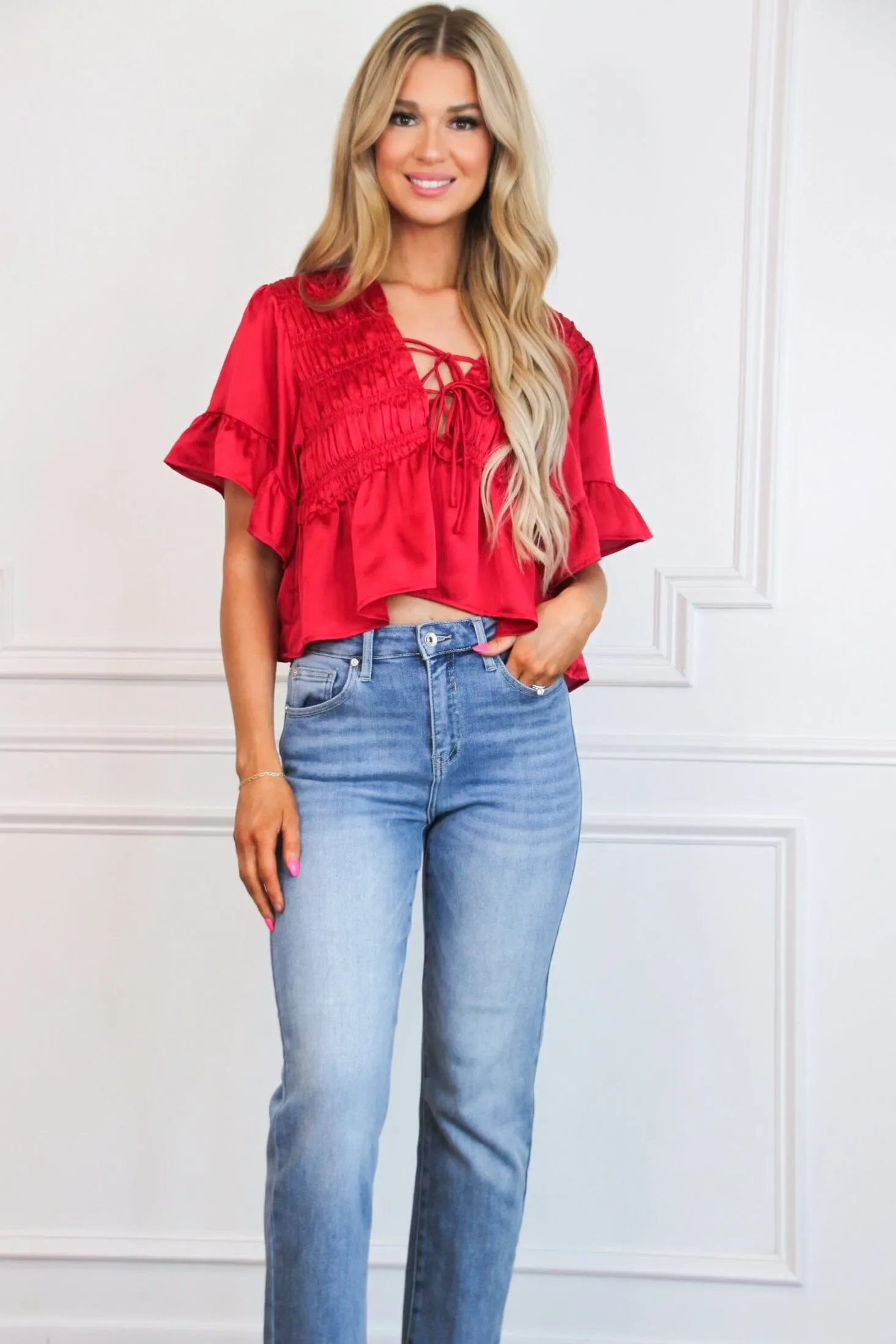 Miraz Satin Ruffle Top: Red
