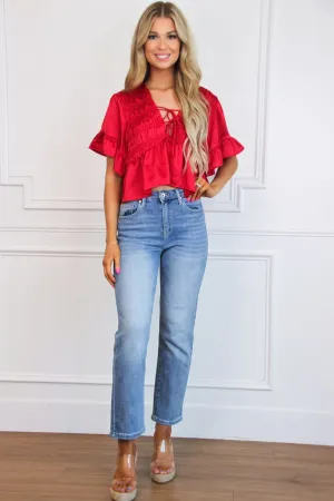 Miraz Satin Ruffle Top: Red