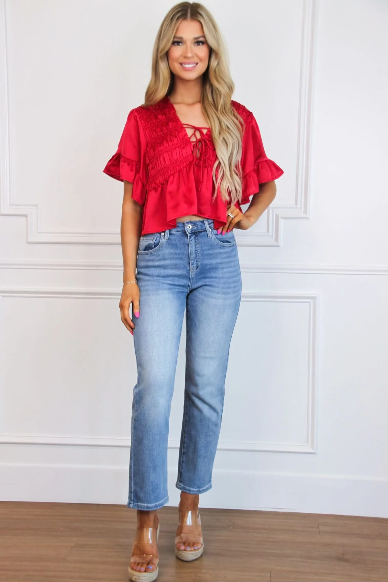 Miraz Satin Ruffle Top: Red