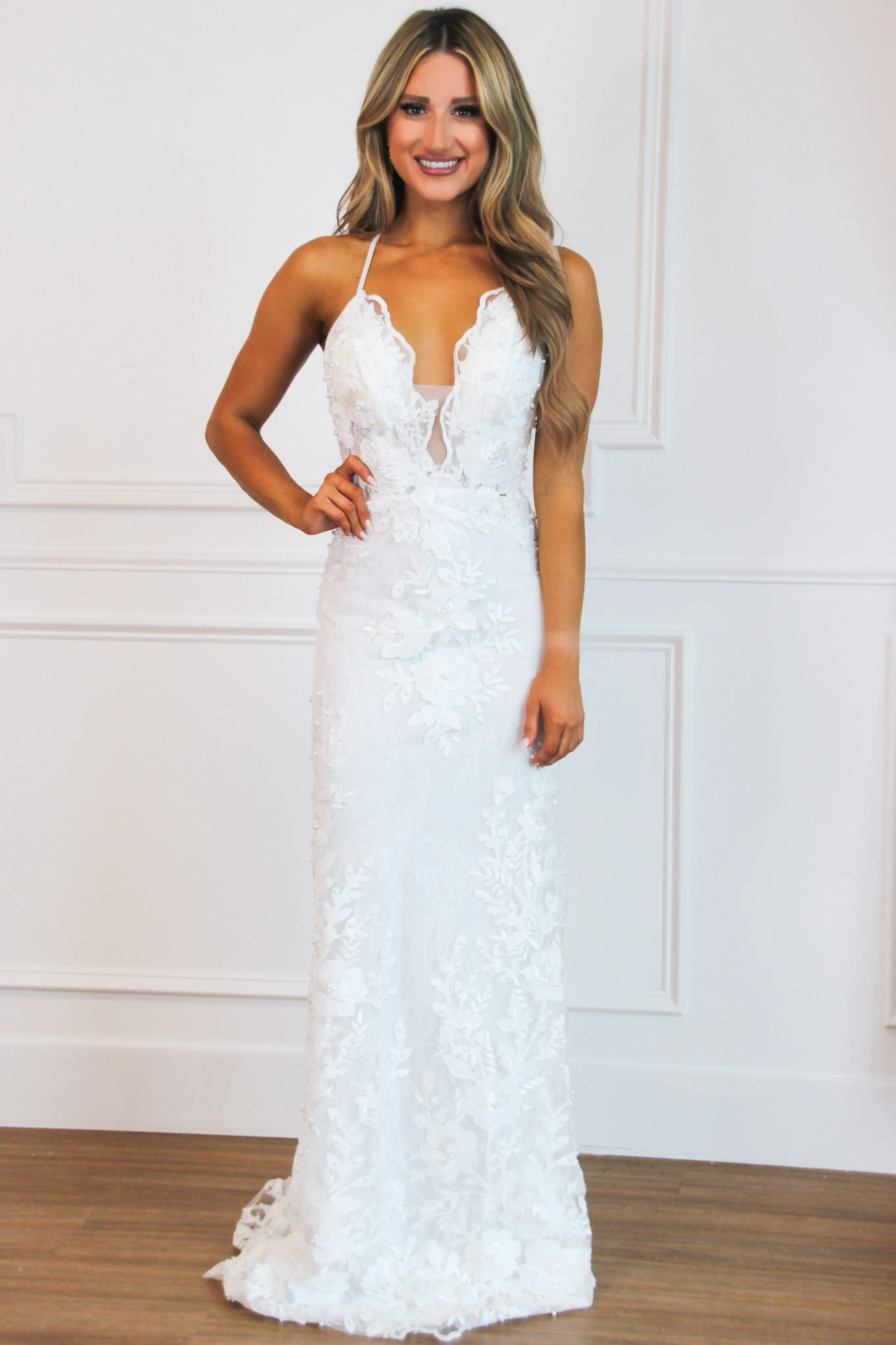 Must Be Dreaming Detachable Skirt Lace Applique Wedding Dress: White
