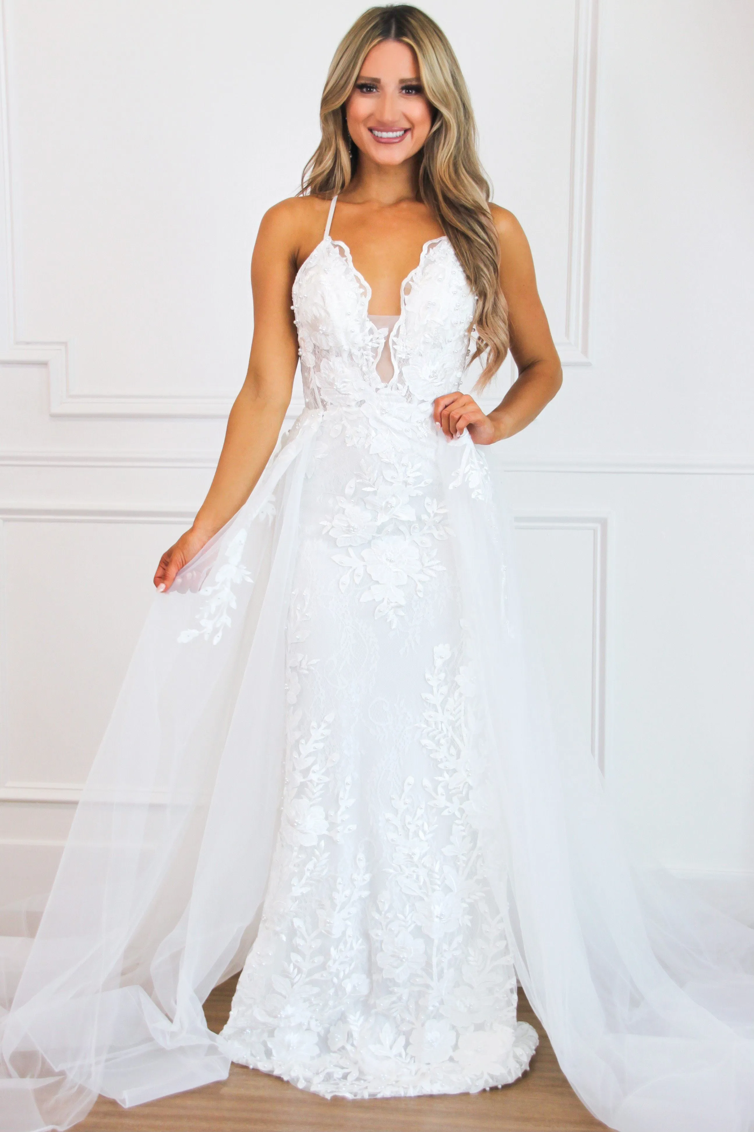 Must Be Dreaming Detachable Skirt Lace Applique Wedding Dress: White