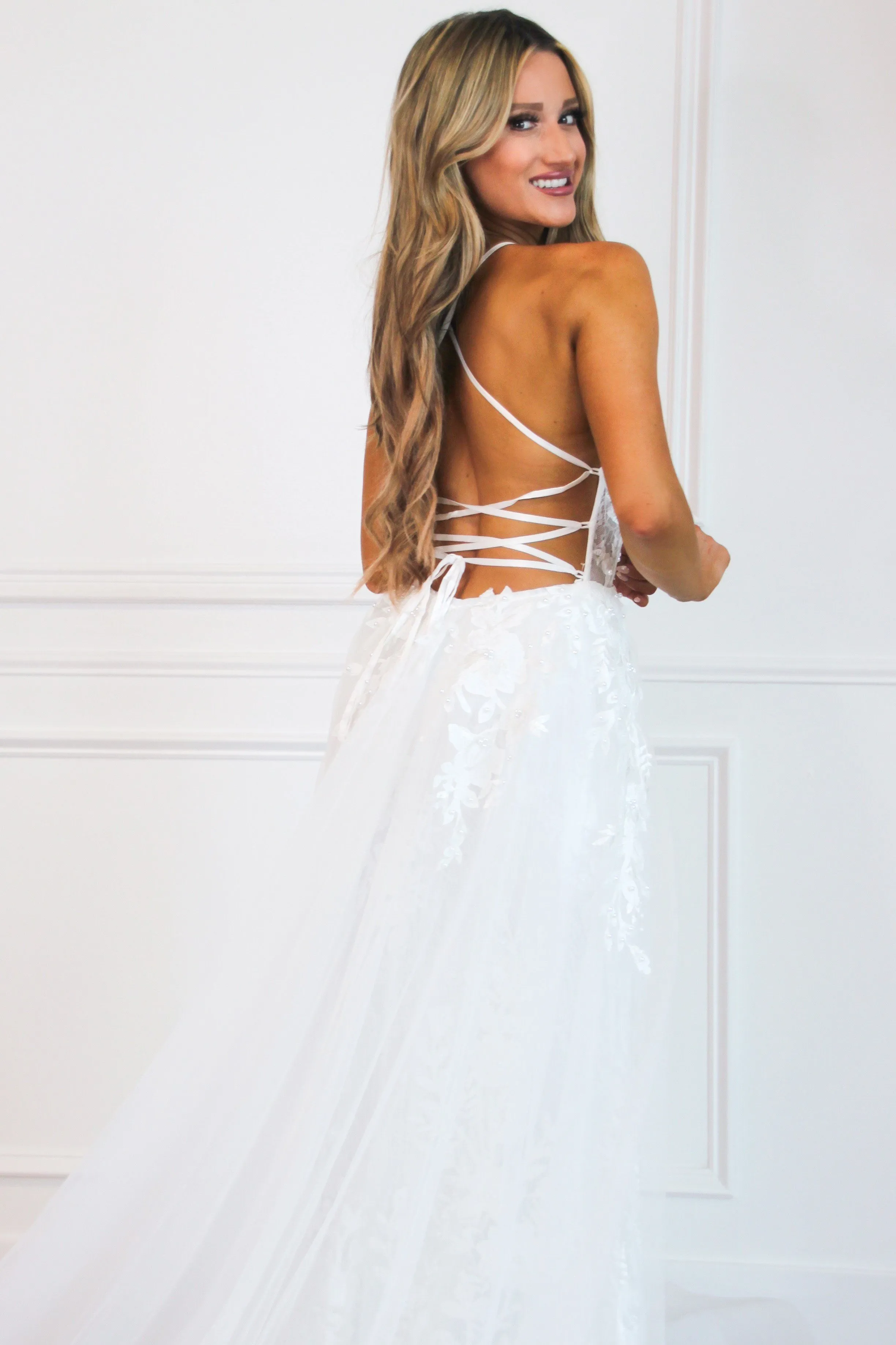 Must Be Dreaming Detachable Skirt Lace Applique Wedding Dress: White