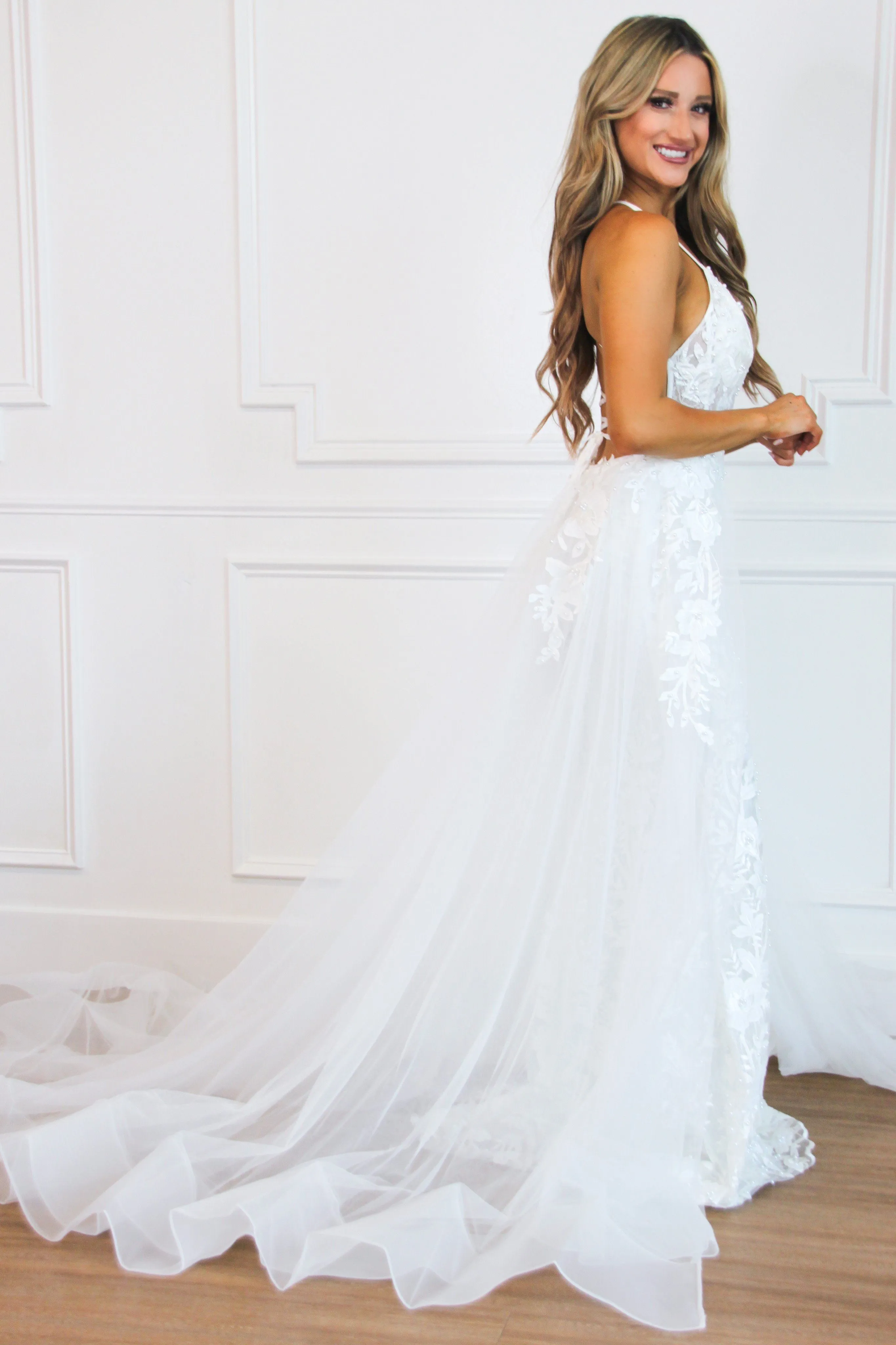 Must Be Dreaming Detachable Skirt Lace Applique Wedding Dress: White