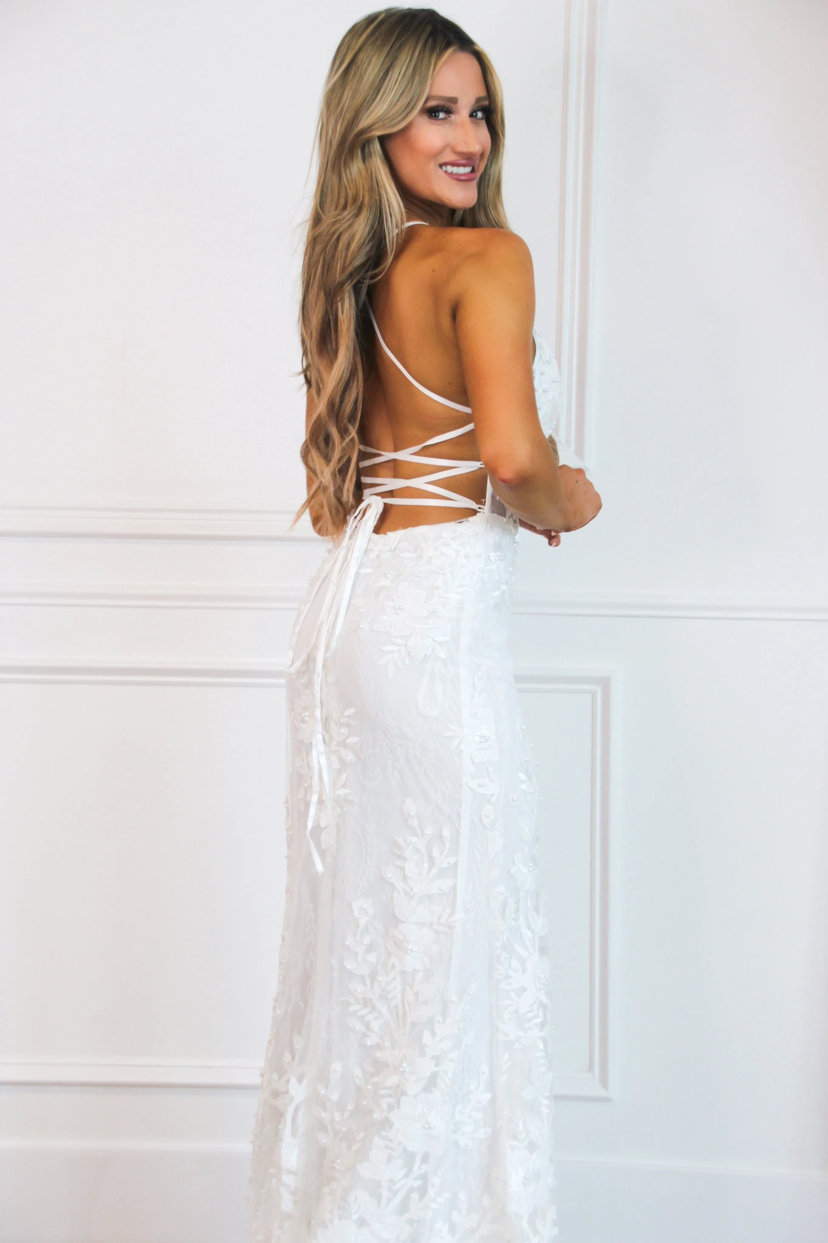 Must Be Dreaming Detachable Skirt Lace Applique Wedding Dress: White
