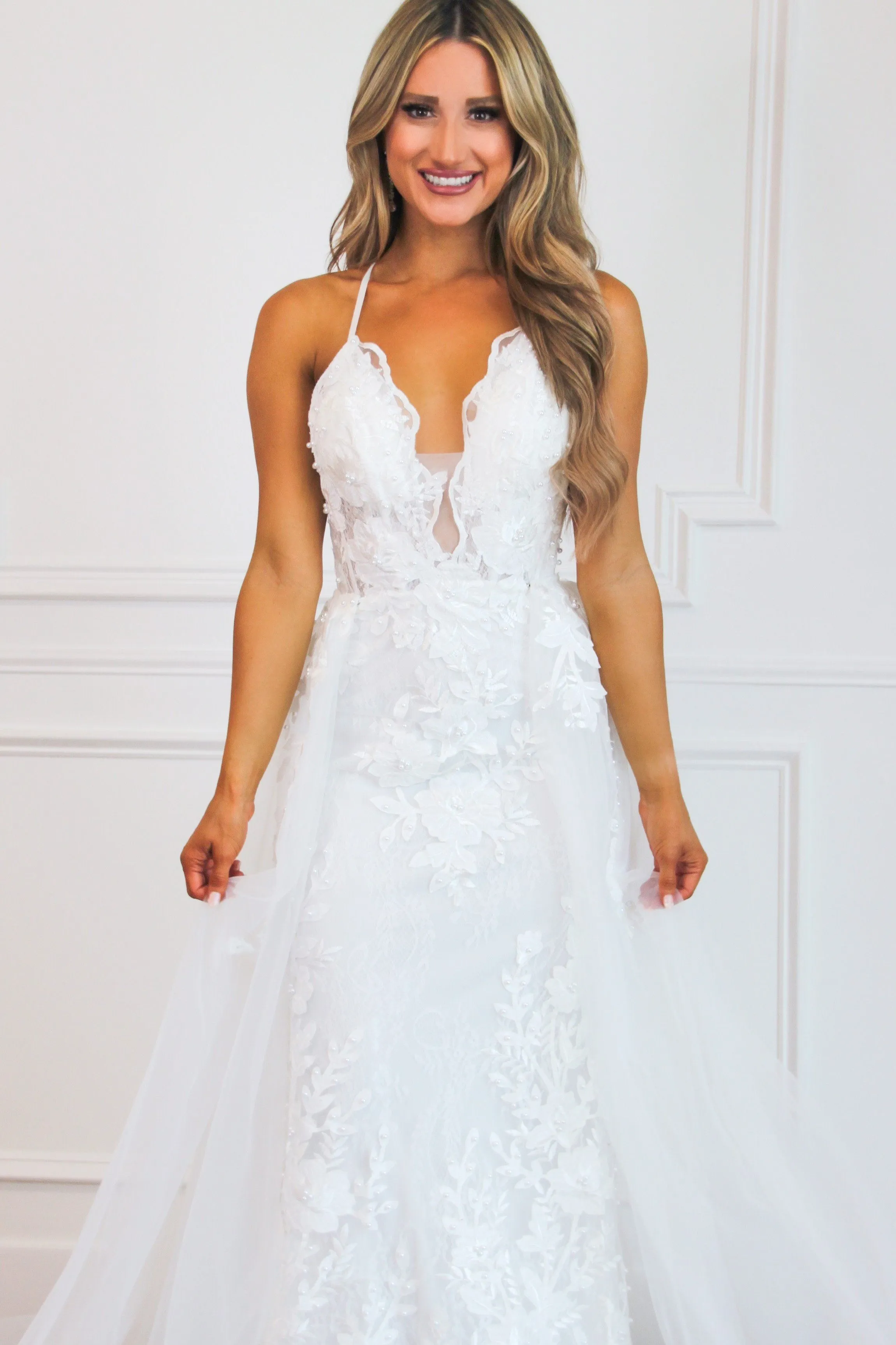 Must Be Dreaming Detachable Skirt Lace Applique Wedding Dress: White